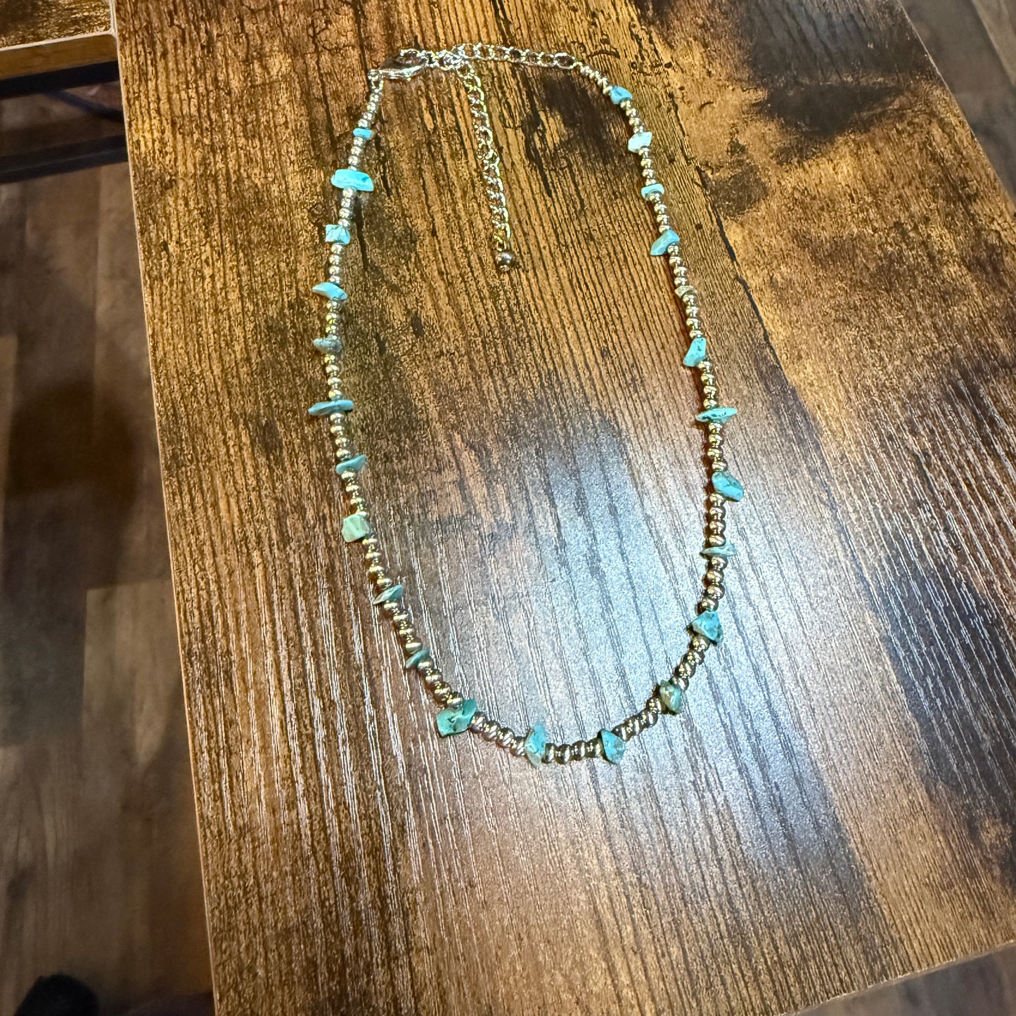 Handmade Navajo Style Turquoise Chip Necklace With Silver Tone Beads 16 To 21 Inches