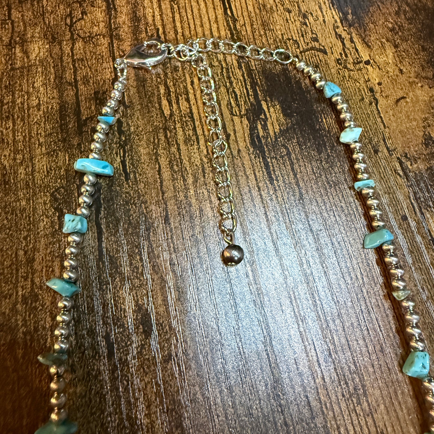 Handmade Navajo Style Turquoise Chip Necklace With Silver Tone Beads 16 To 21 Inches