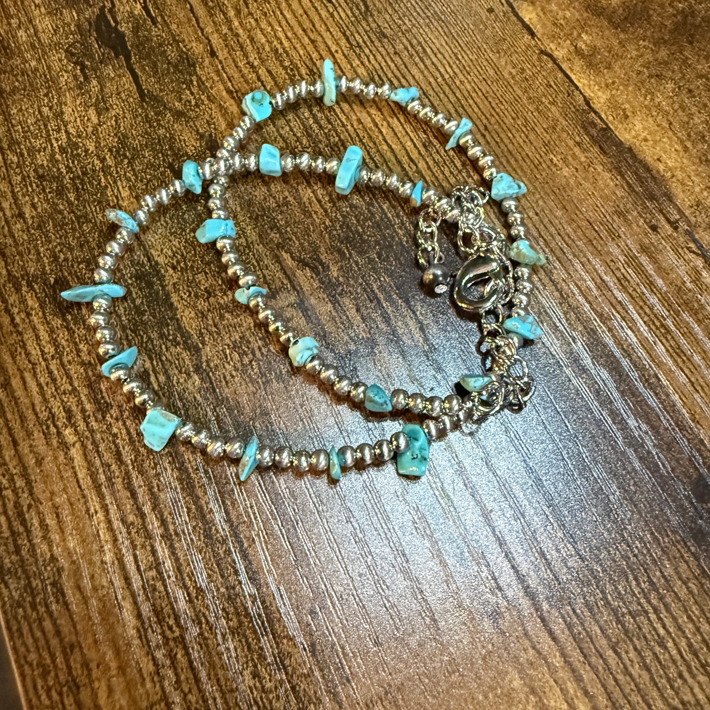 Handmade Navajo Style Turquoise Chip Necklace With Silver Tone Beads 16 To 21 Inches