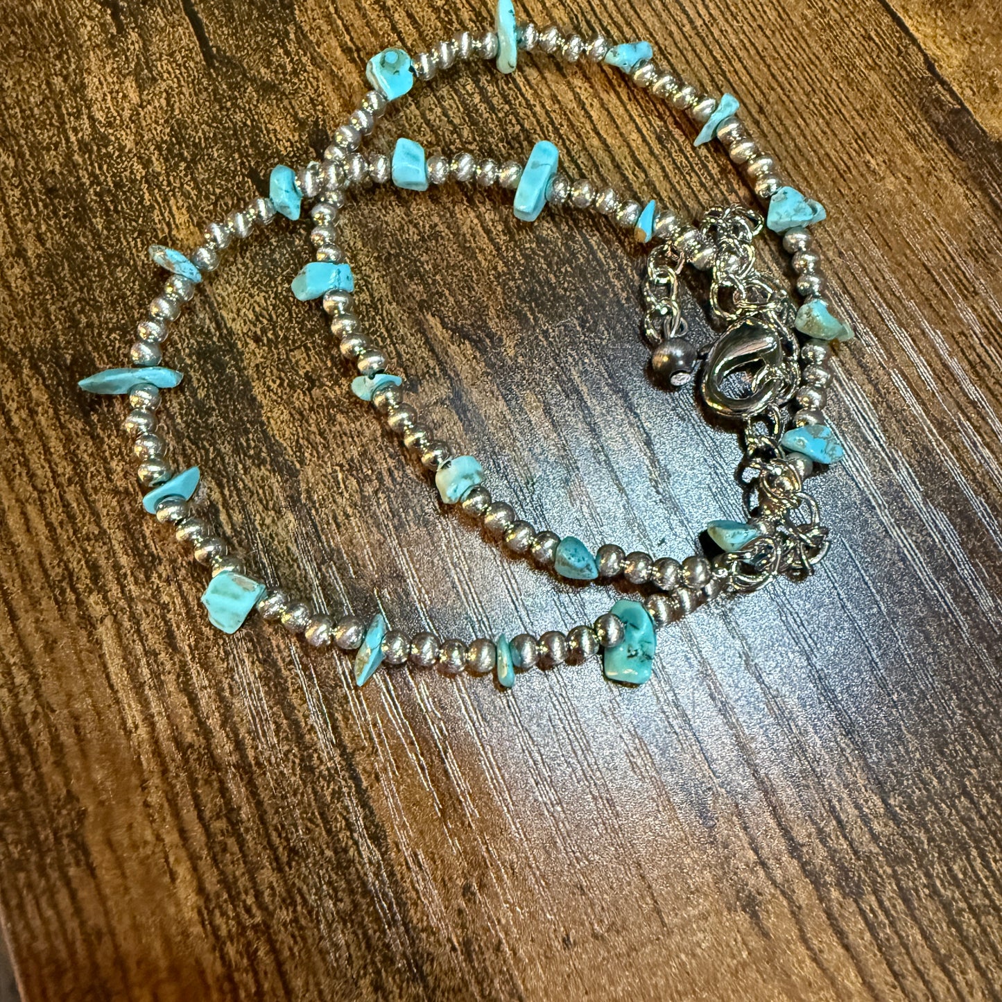 Handmade Navajo Style Turquoise Chip Necklace With Silver Tone Beads 16 To 21 Inches