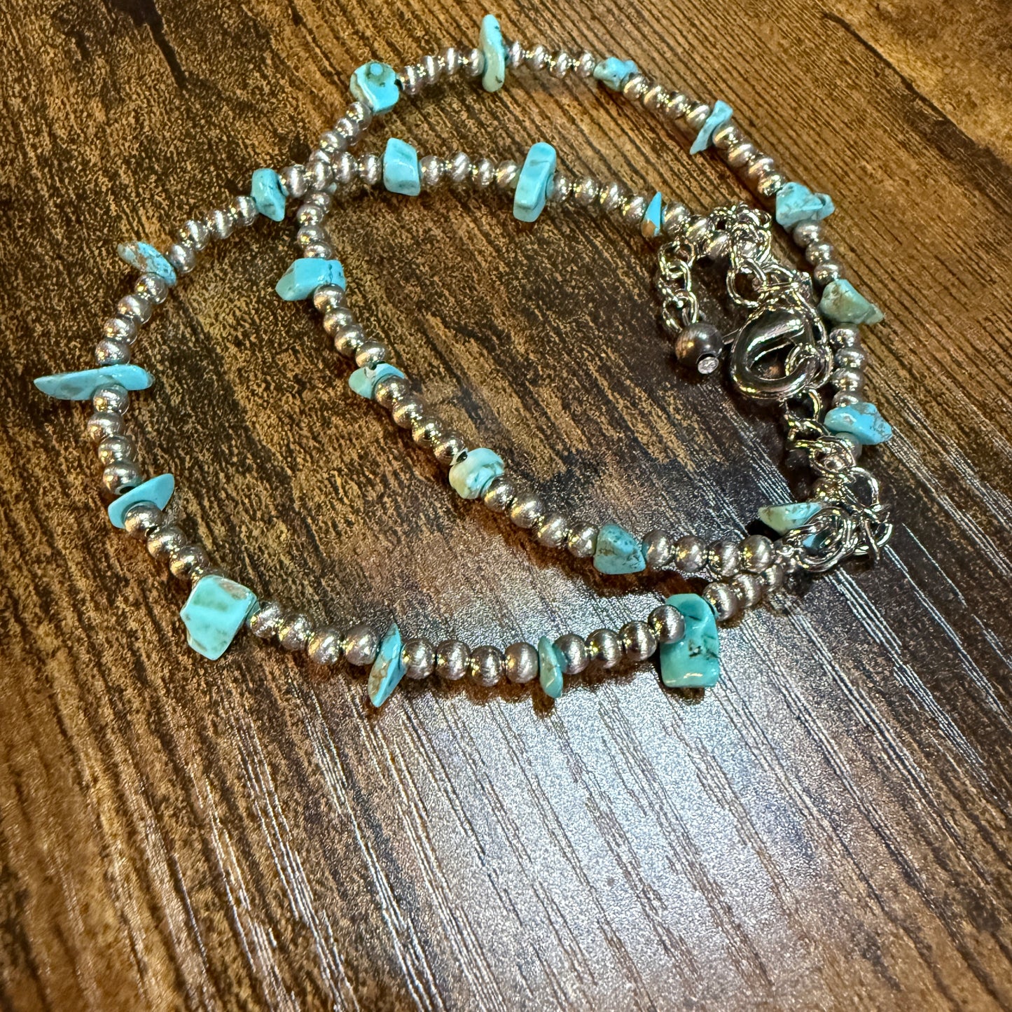 Handmade Navajo Style Turquoise Chip Necklace With Silver Tone Beads 16 To 21 Inches