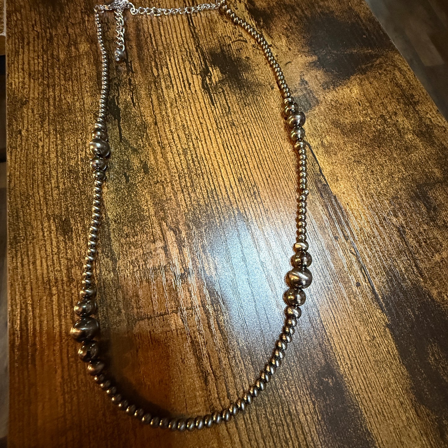 Navajo Style Western Silver Tone Bead Necklace With Clustered Polish Beads 22 To 27 Inch