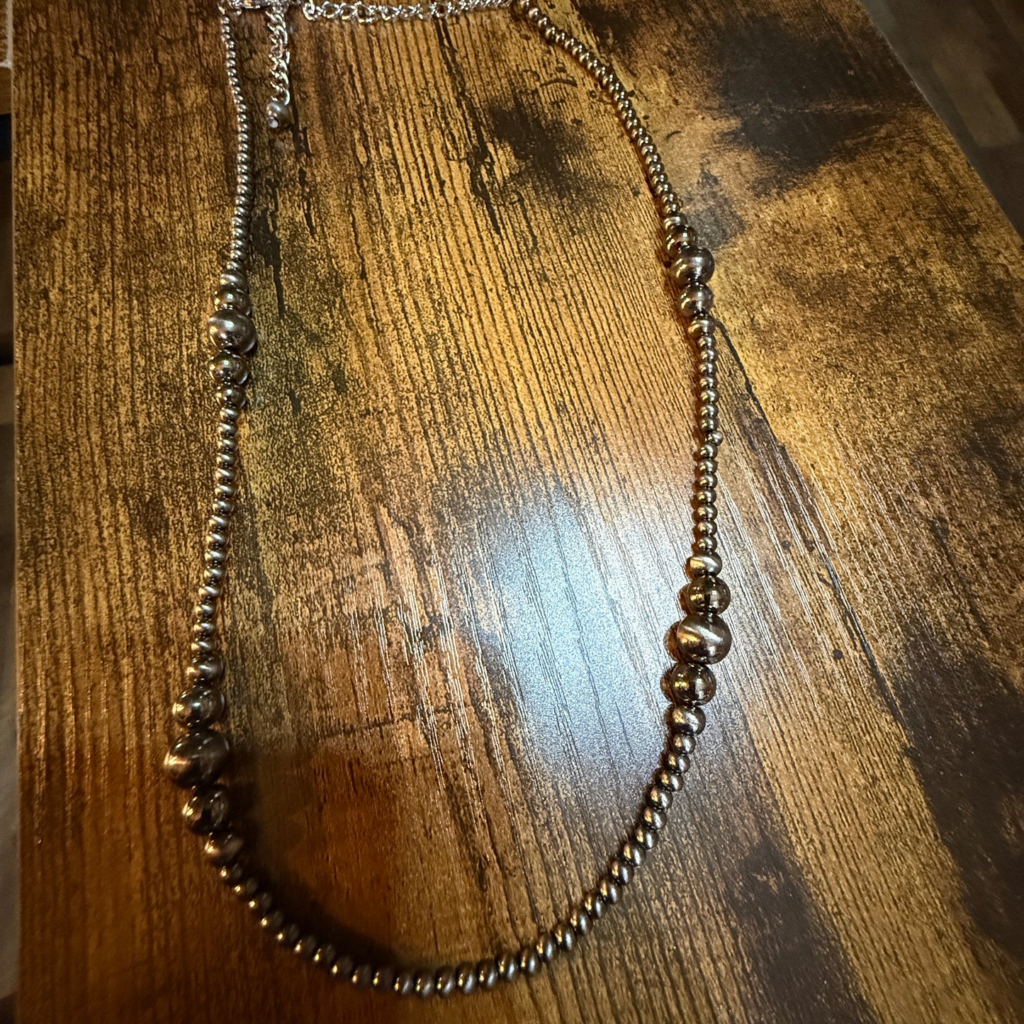 Navajo Style Western Silver Tone Bead Necklace With Clustered Polish Beads 22 To 27 Inch