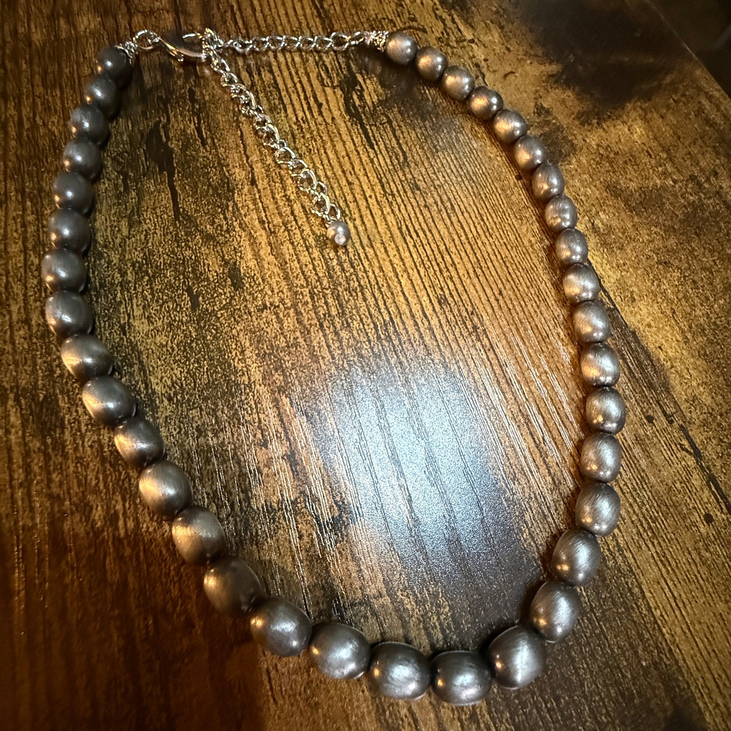 Handmade Oval Navajo Style Silver Tone Bead Necklace With 10mm Beads