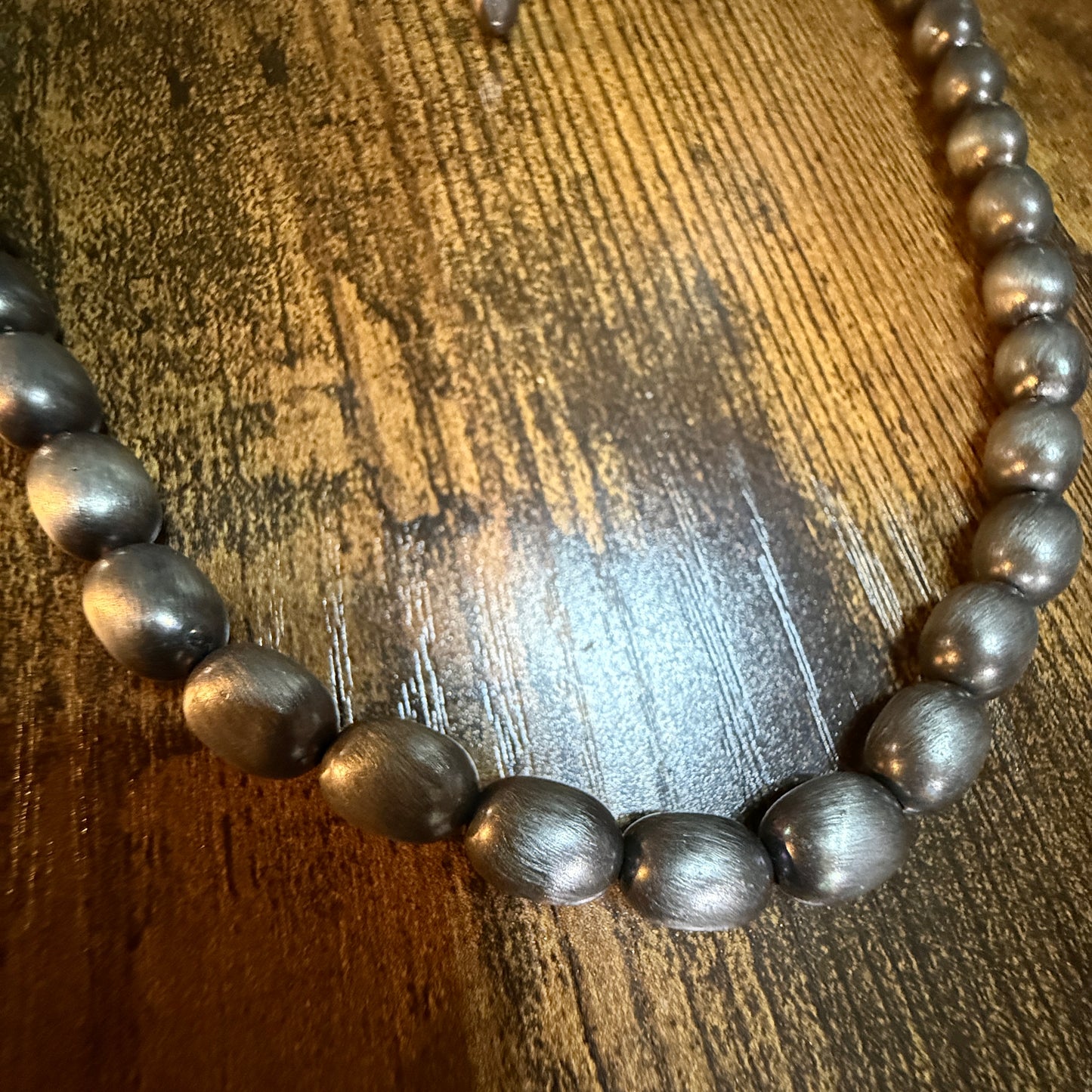 Handmade Oval Navajo Style Silver Tone Bead Necklace With 10mm Beads
