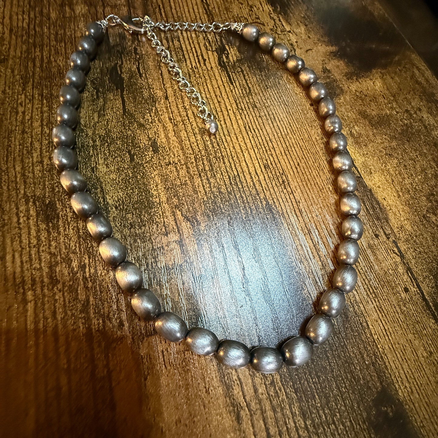 Handmade Oval Navajo Style Silver Tone Bead Necklace With 10mm Beads