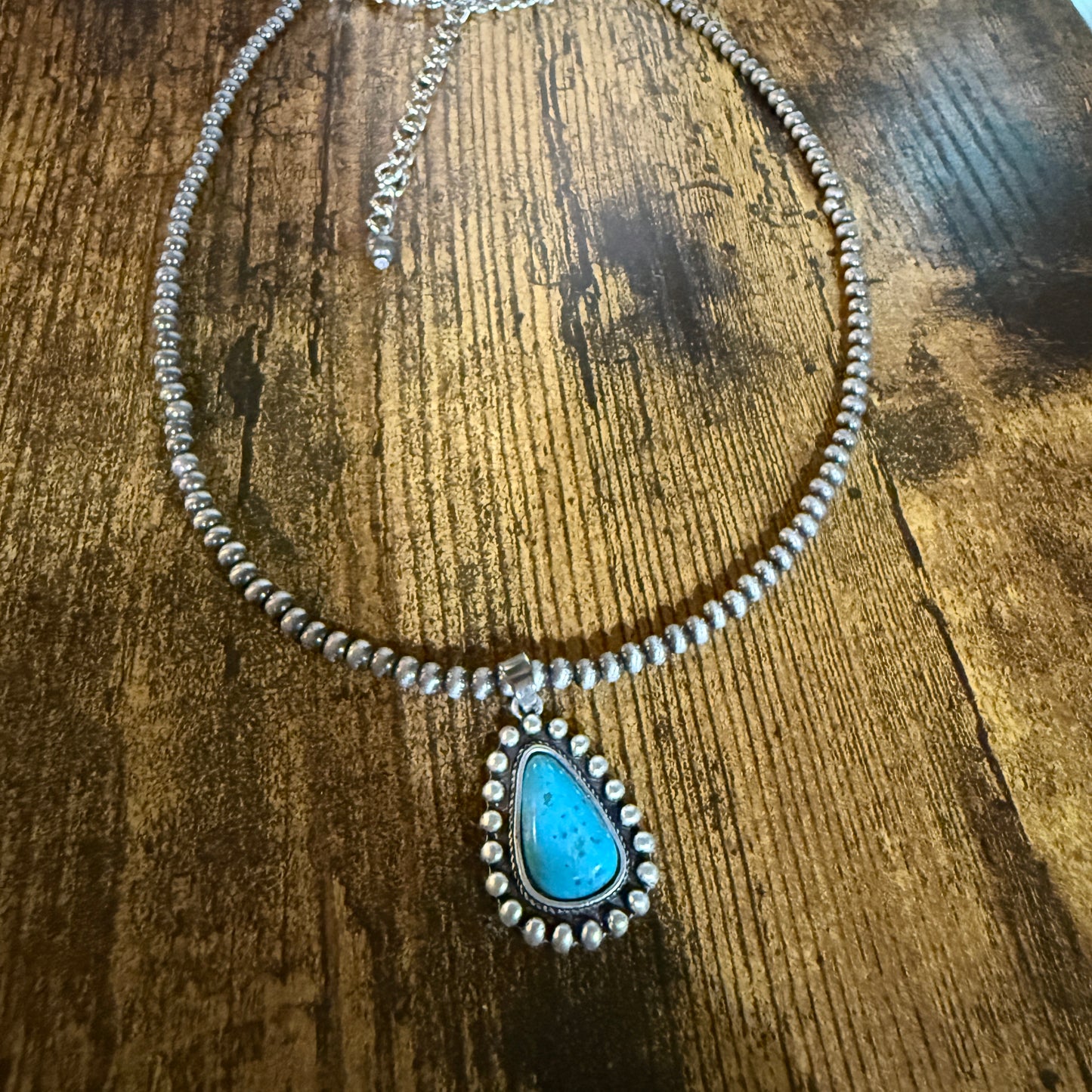 Handmade Navajo Style Turquoise Necklace With Tiny 4mm Beads And 1.3 Inch Pendant