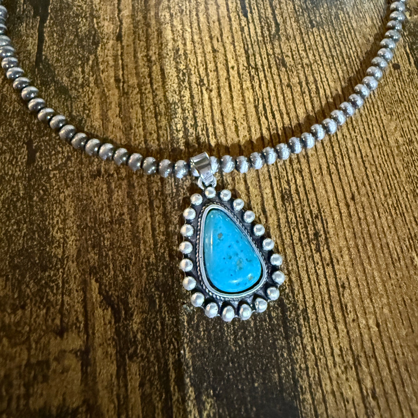 Handmade Navajo Style Turquoise Necklace With Tiny 4mm Beads And 1.3 Inch Pendant