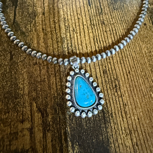 Handmade Navajo Style Turquoise Necklace With Tiny 4mm Beads And 1.3 Inch Pendant
