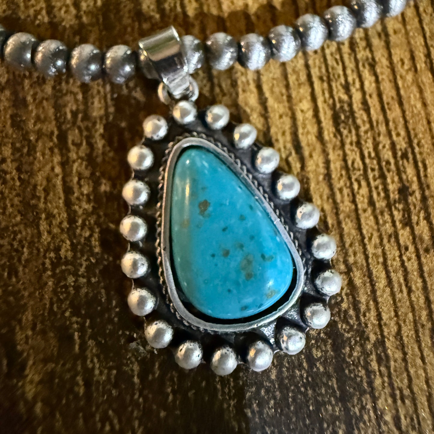 Handmade Navajo Style Turquoise Necklace With Tiny 4mm Beads And 1.3 Inch Pendant