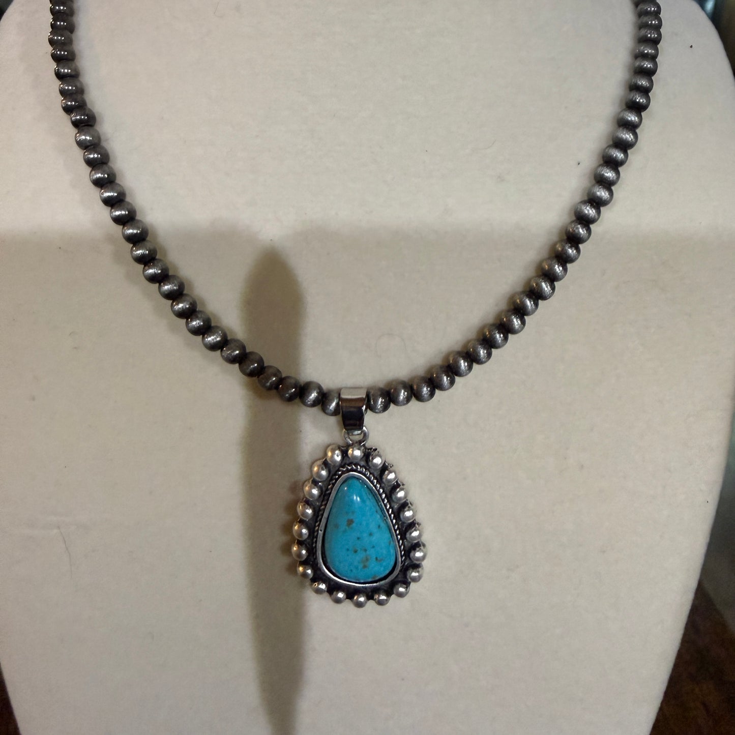 Handmade Navajo Style Turquoise Necklace With Tiny 4mm Beads And 1.3 Inch Pendant