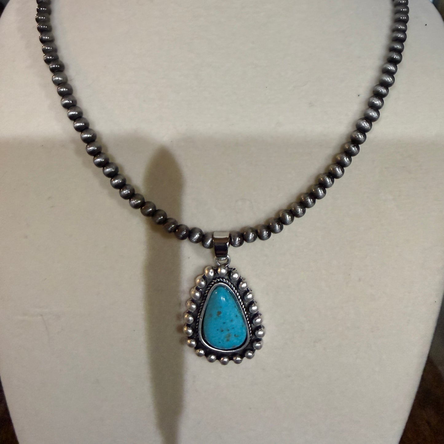 Handmade Navajo Style Turquoise Necklace With Tiny 4mm Beads And 1.3 Inch Pendant