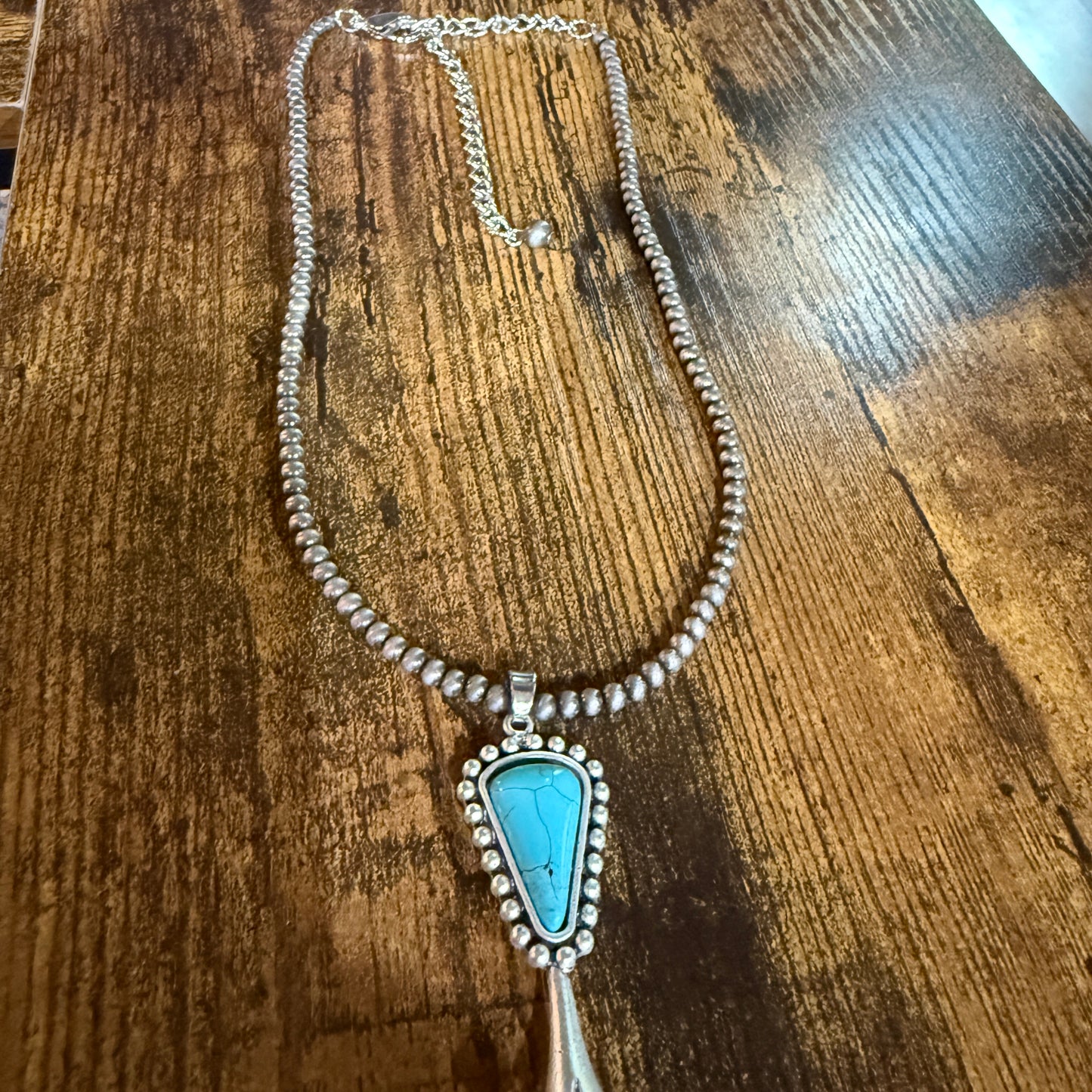 Handmade Squash Blossom Turquoise 4mm Necklace With Navajo Style Bead Pendant
