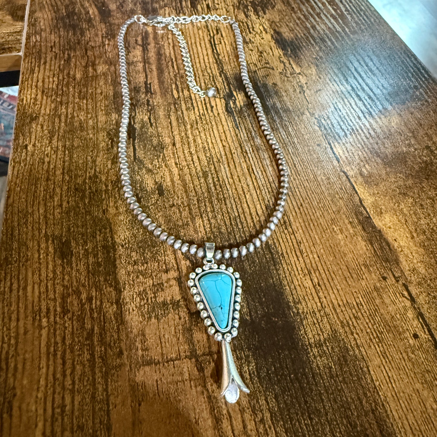 Handmade Squash Blossom Turquoise 4mm Necklace With Navajo Style Bead Pendant