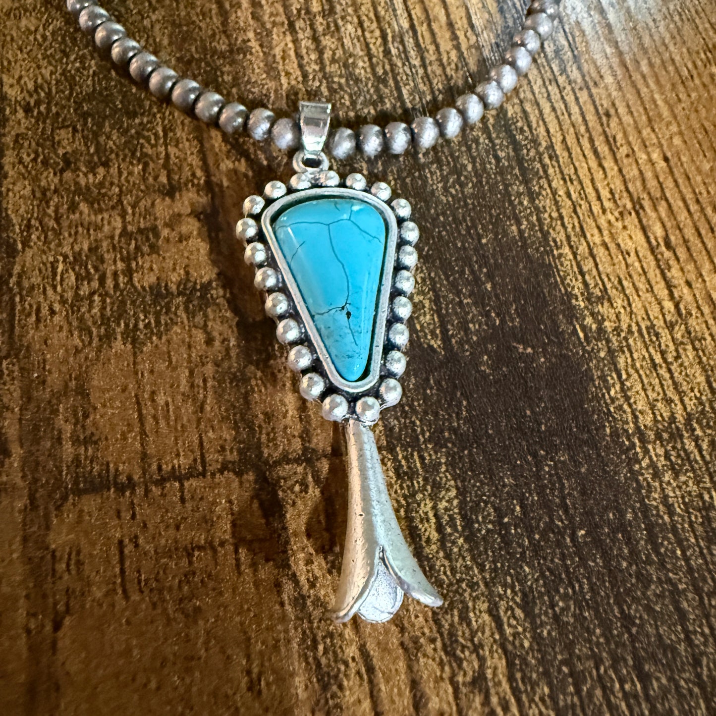 Handmade Squash Blossom Turquoise 4mm Necklace With Navajo Style Bead Pendant