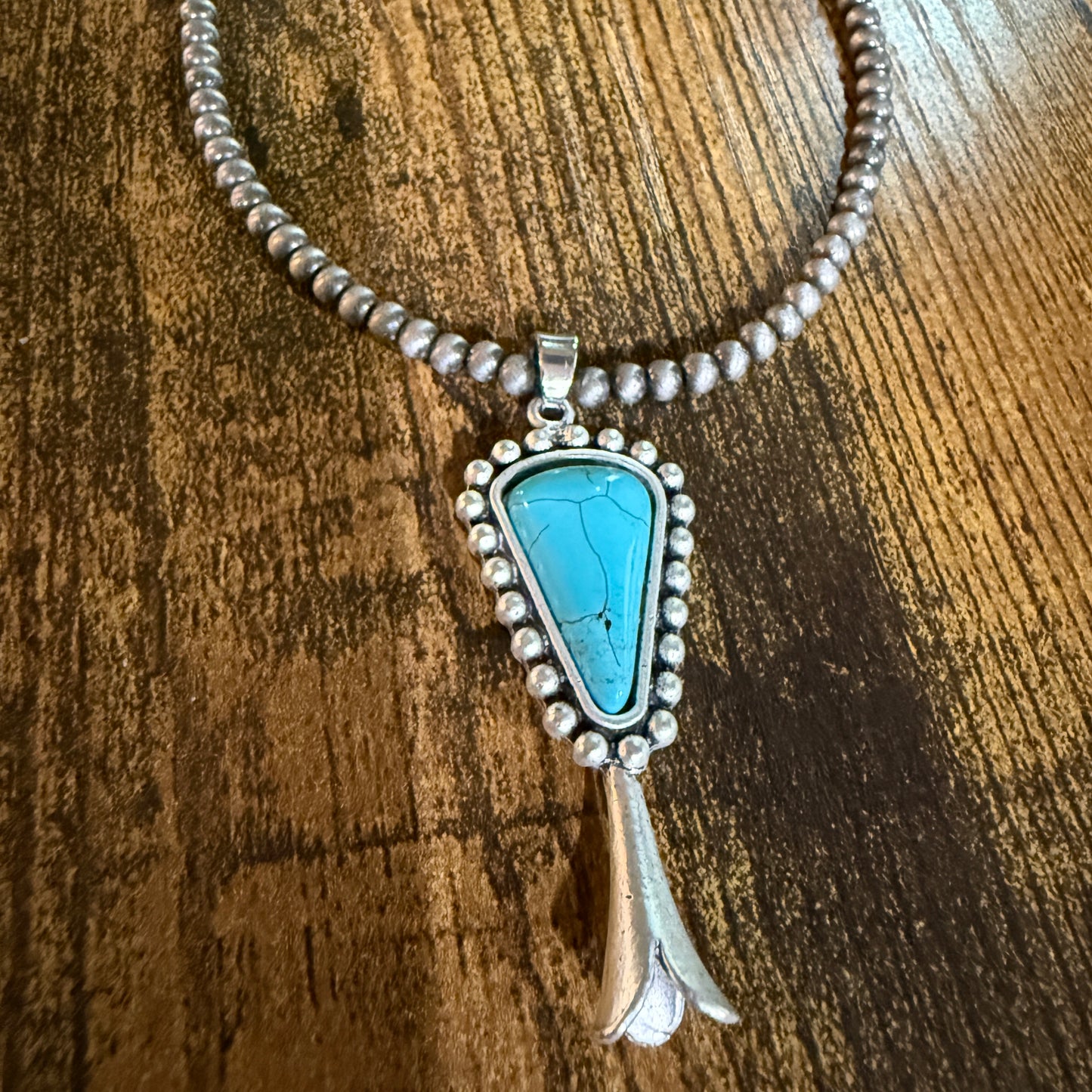 Handmade Squash Blossom Turquoise 4mm Necklace With Navajo Style Bead Pendant