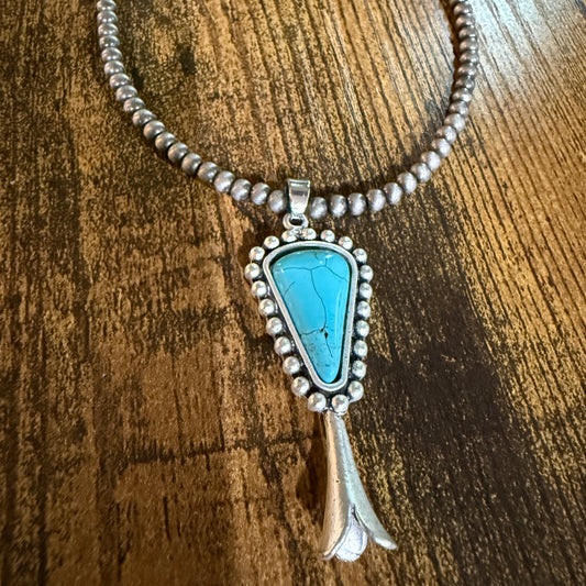 Handmade Squash Blossom Turquoise 4mm Necklace With Navajo Style Bead Pendant