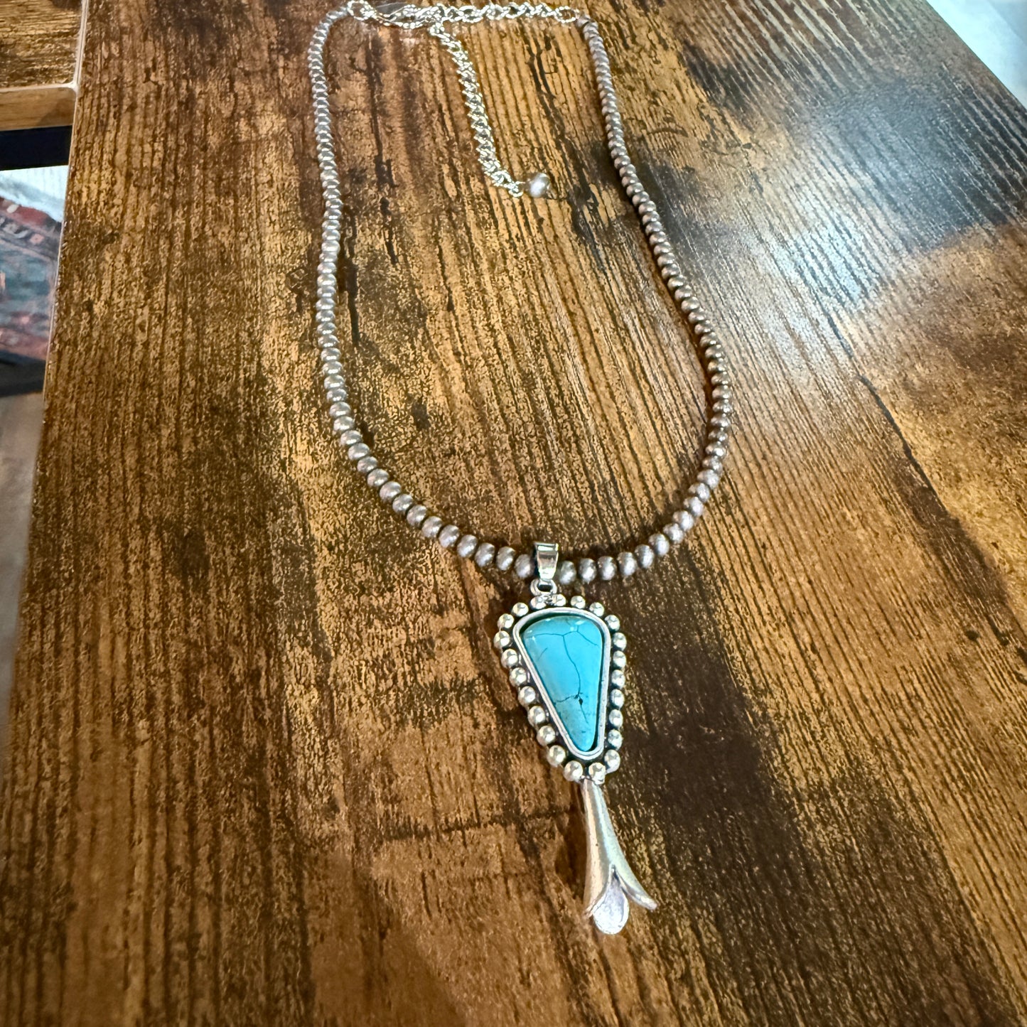 Handmade Squash Blossom Turquoise 4mm Necklace With Navajo Style Bead Pendant
