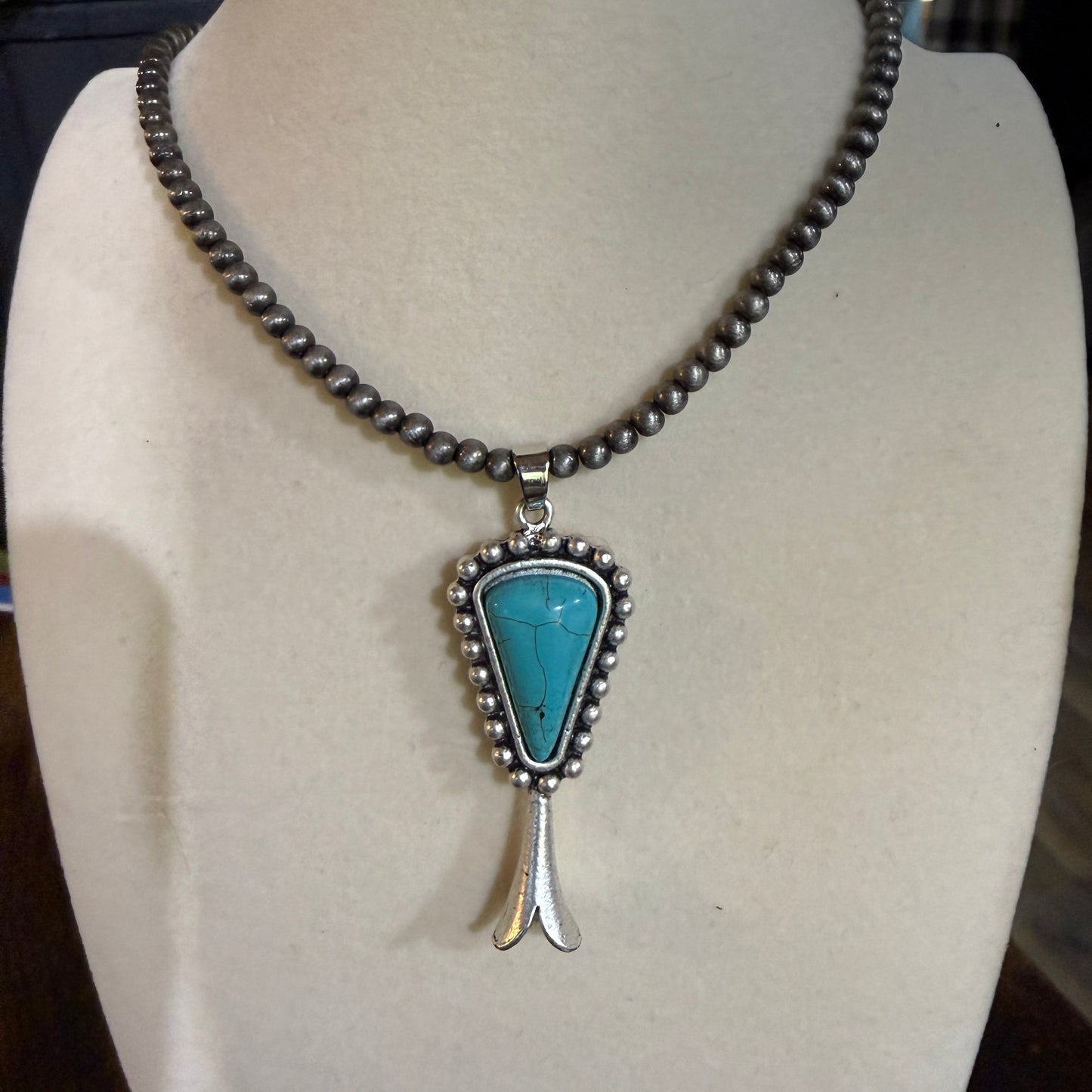Handmade Squash Blossom Turquoise 4mm Necklace With Navajo Style Bead Pendant