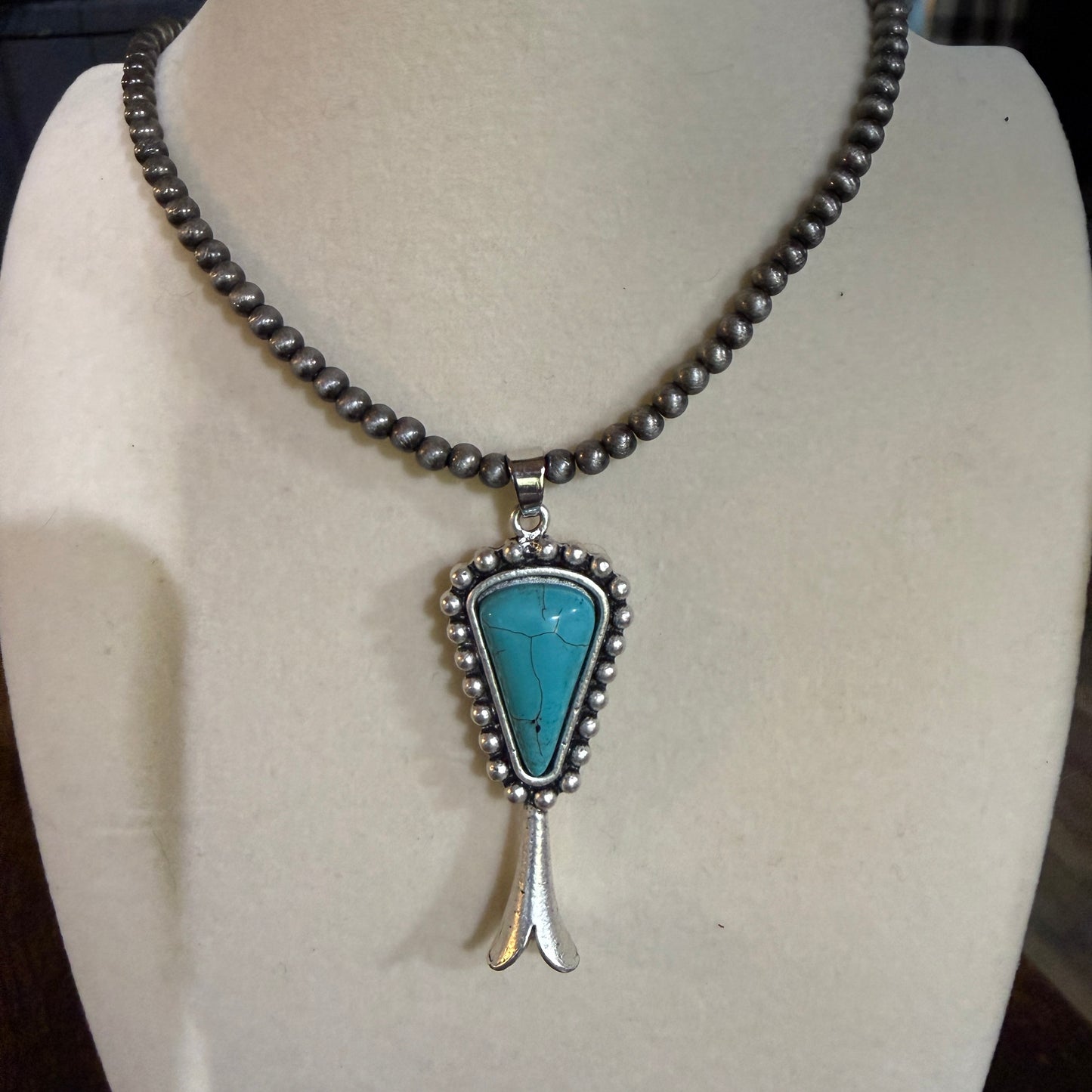 Handmade Squash Blossom Turquoise 4mm Necklace With Navajo Style Bead Pendant