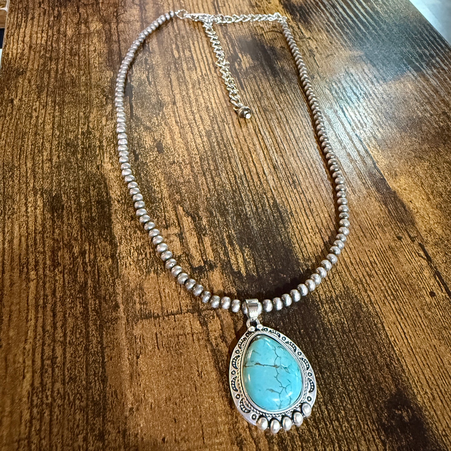 Navajo Style Turquoise Pendant Necklace 4mm Bead Silver Tone Chain