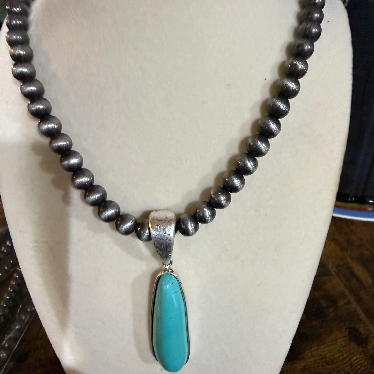 Navajo Style Elongated Turquoise Pendant With 8mm Pearl Beads 16 Inch Adjustable