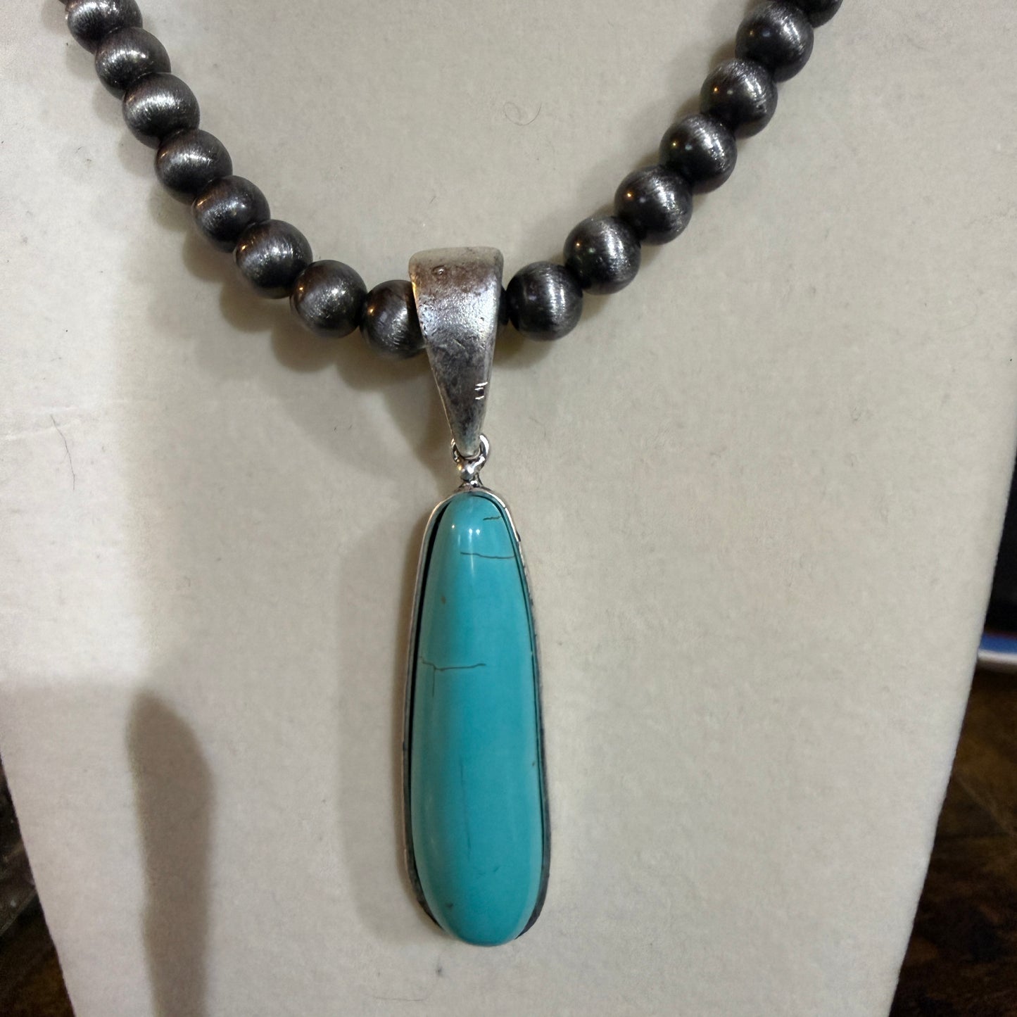 Navajo Style Elongated Turquoise Pendant With 8mm Pearl Beads 16 Inch Adjustable