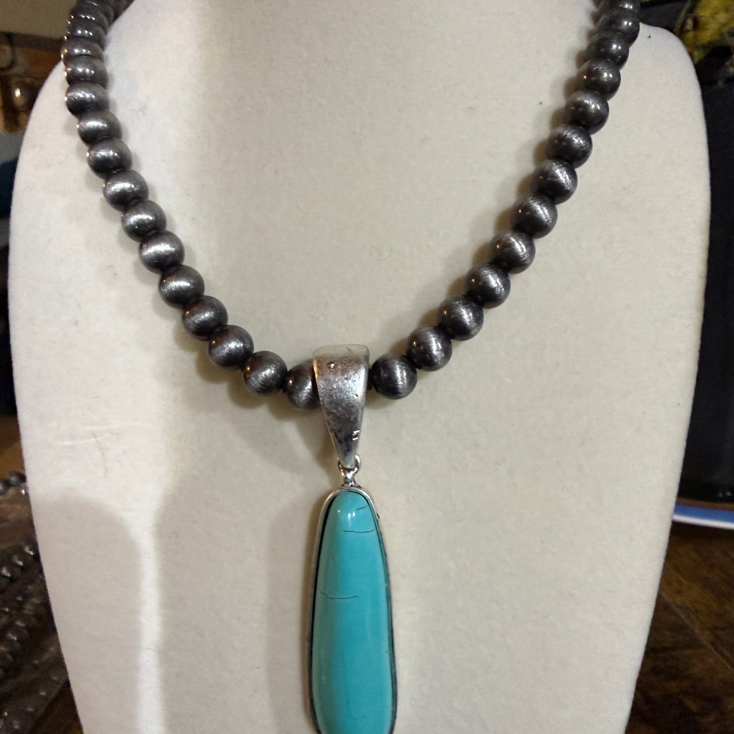 Navajo Style Elongated Turquoise Pendant With 8mm Pearl Beads 16 Inch Adjustable