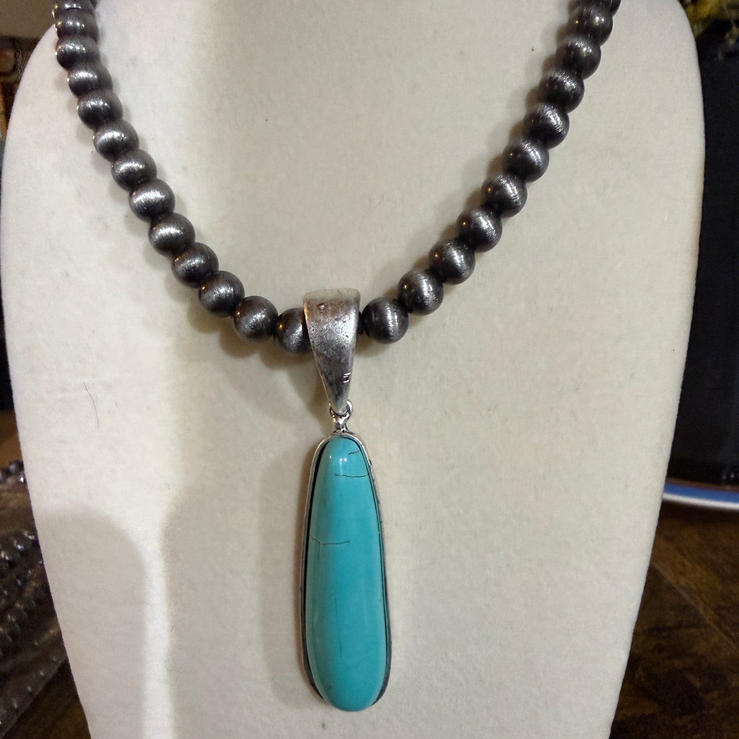 Navajo Style Elongated Turquoise Pendant With 8mm Pearl Beads 16 Inch Adjustable
