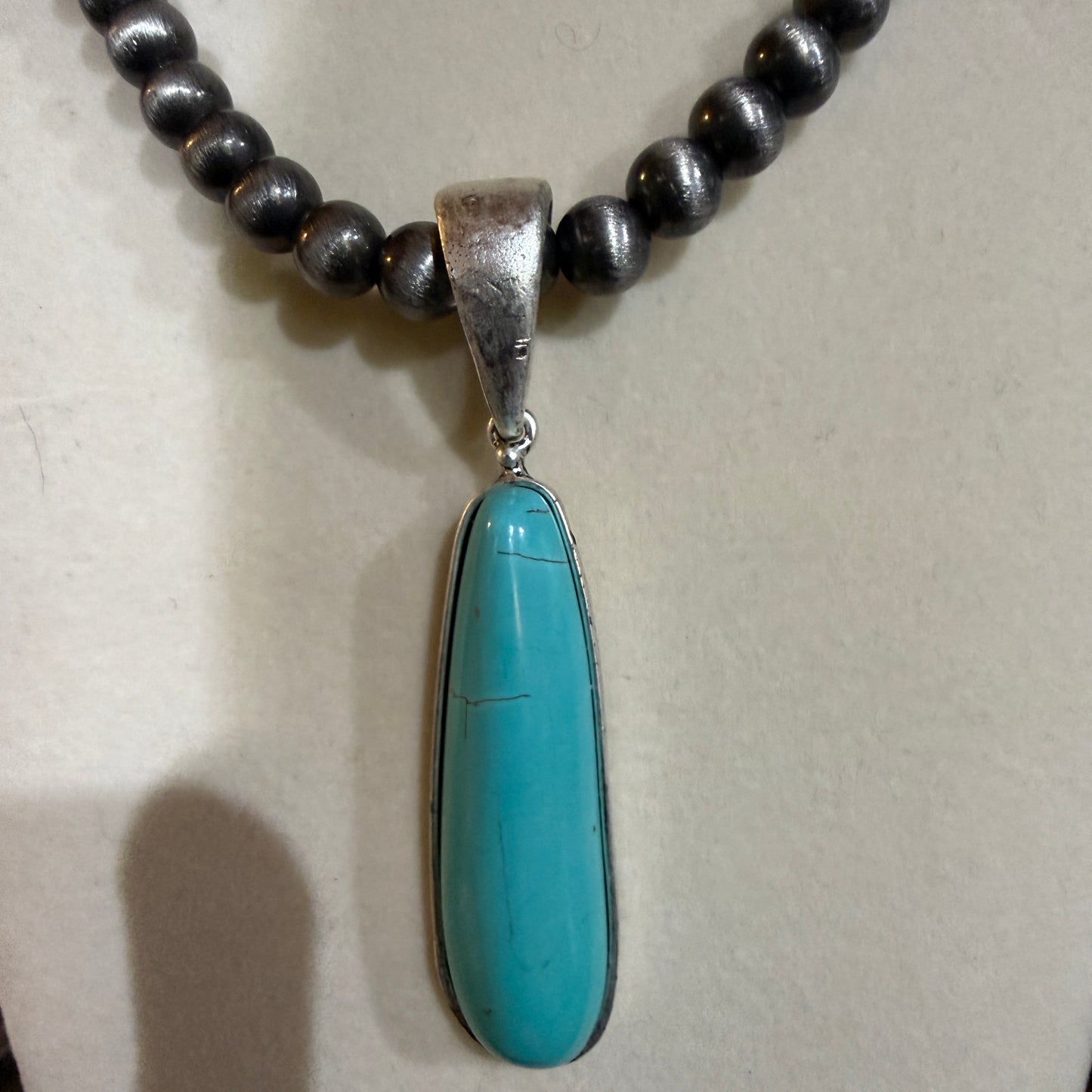 Navajo Style Elongated Turquoise Pendant With 8mm Pearl Beads 16 Inch Adjustable