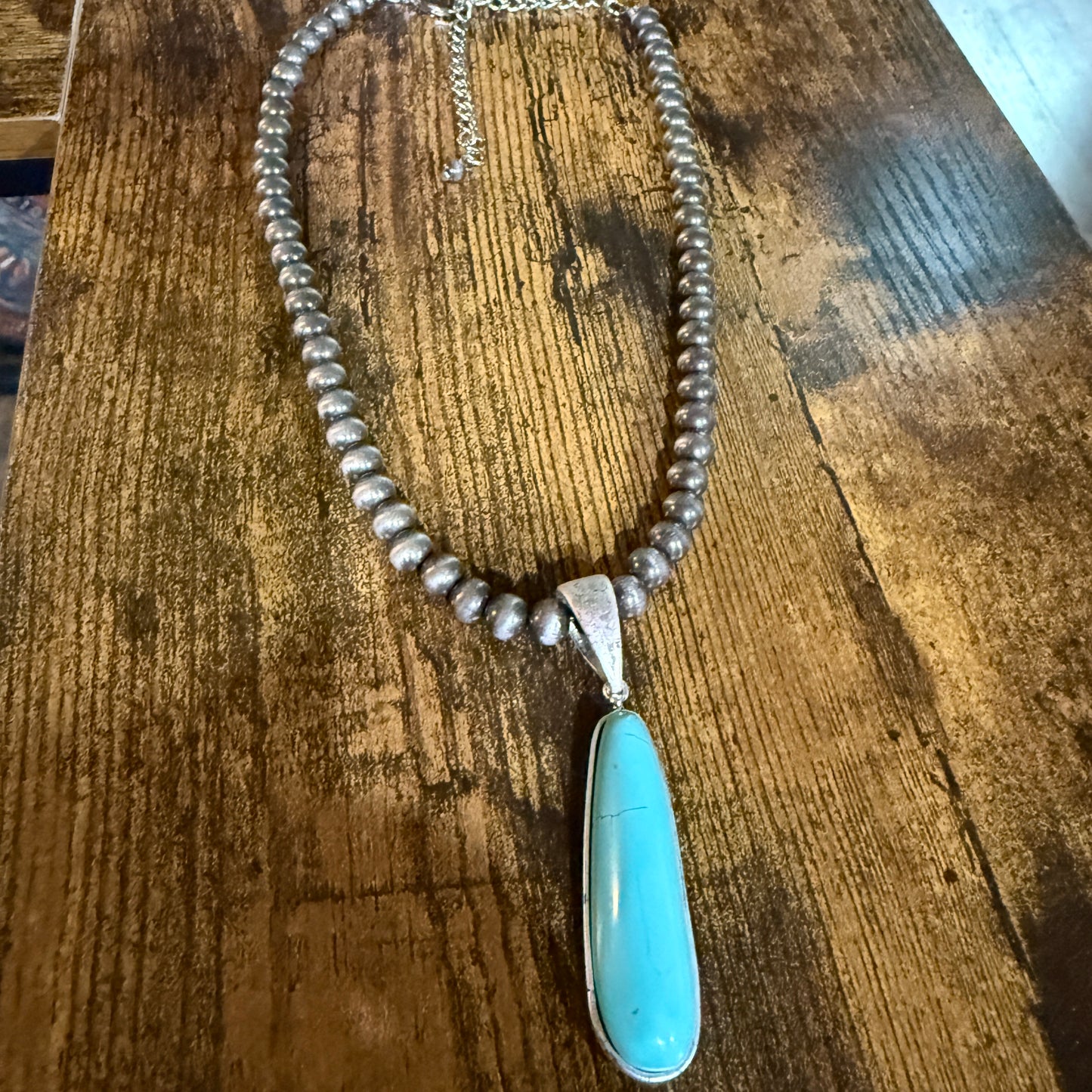 Navajo Style Elongated Turquoise Pendant With 8mm Pearl Beads 16 Inch Adjustable