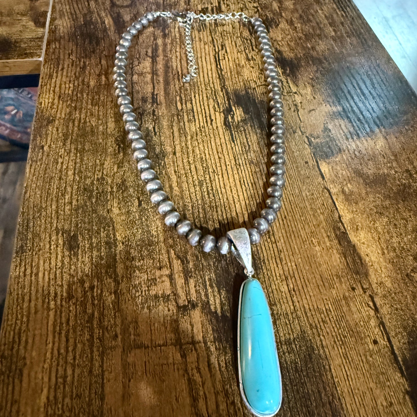 Navajo Style Elongated Turquoise Pendant With 8mm Pearl Beads 16 Inch Adjustable