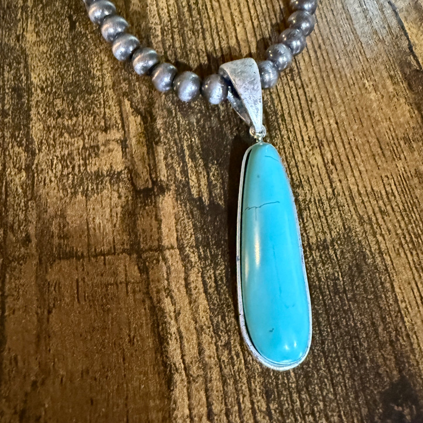 Navajo Style Elongated Turquoise Pendant With 8mm Pearl Beads 16 Inch Adjustable