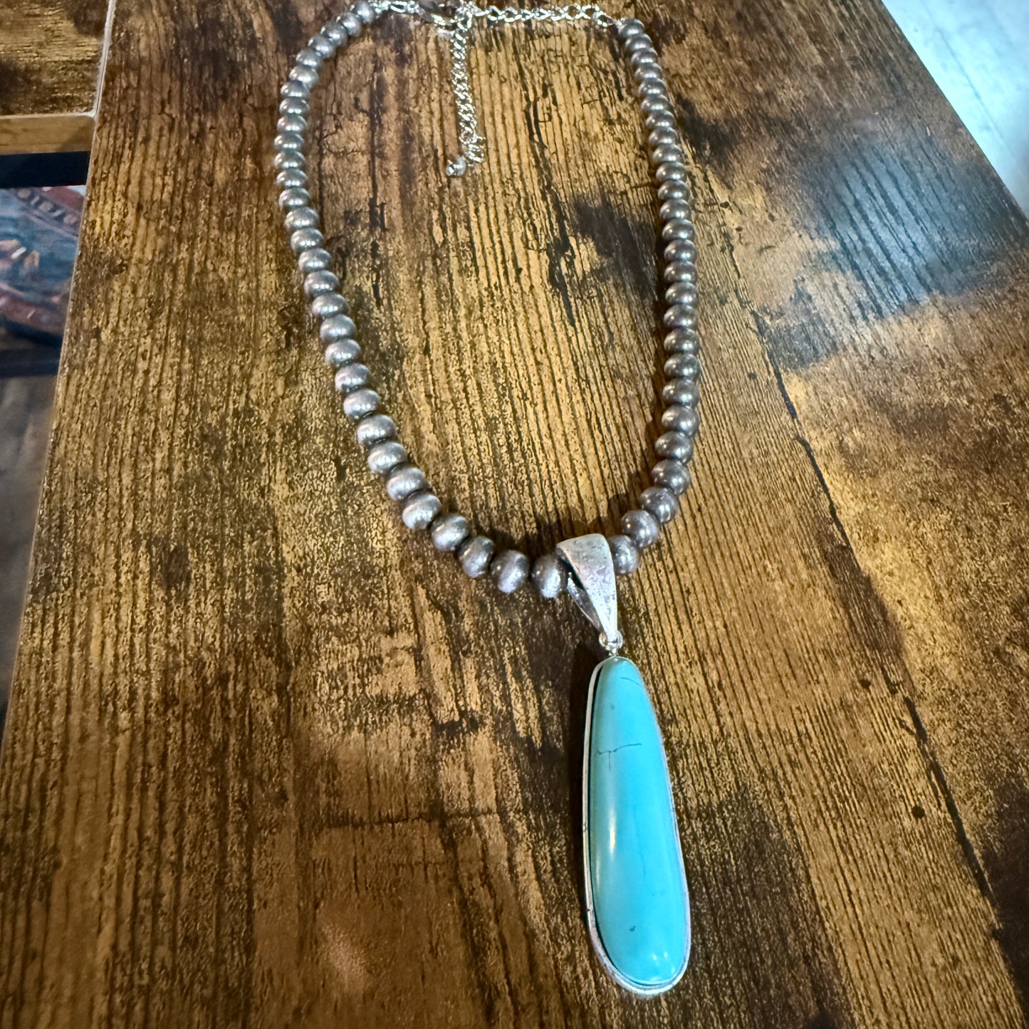 Navajo Style Elongated Turquoise Pendant With 8mm Pearl Beads 16 Inch Adjustable