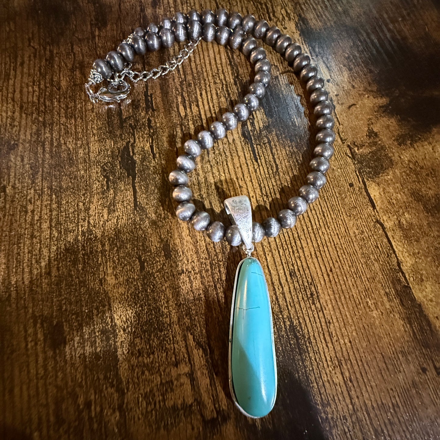 Navajo Style Elongated Turquoise Pendant With 8mm Pearl Beads 16 Inch Adjustable