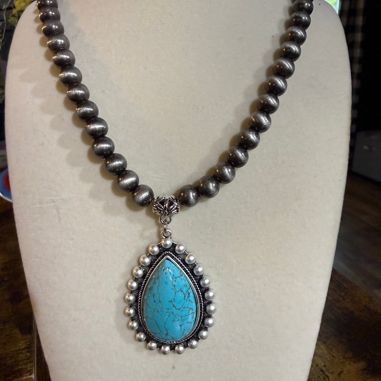 Handmade Western Turquoise Necklace 8mm Pearl Beads With 16 To 21 Inch Extender