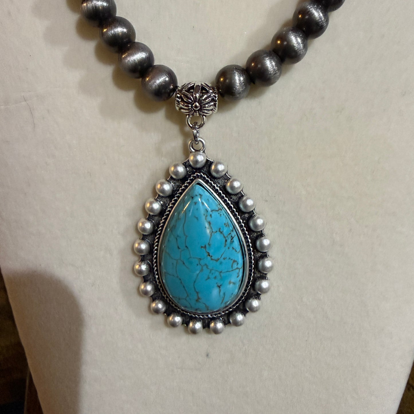 Handmade Western Turquoise Necklace 8mm Pearl Beads With 16 To 21 Inch Extender