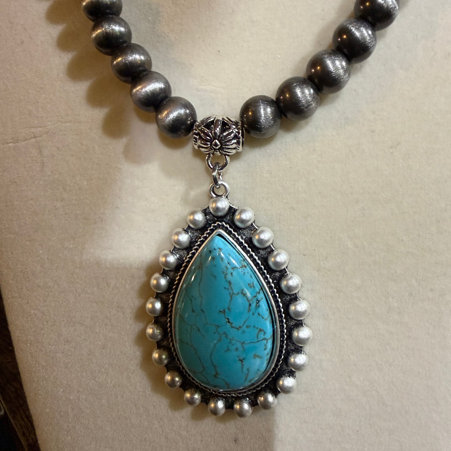 Handmade Western Turquoise Necklace 8mm Pearl Beads With 16 To 21 Inch Extender