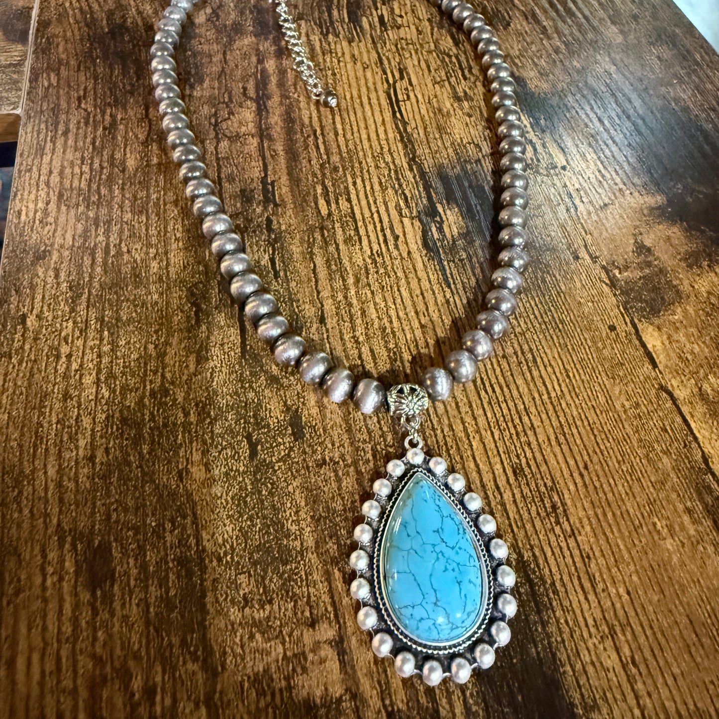 Handmade Western Turquoise Necklace 8mm Pearl Beads With 16 To 21 Inch Extender