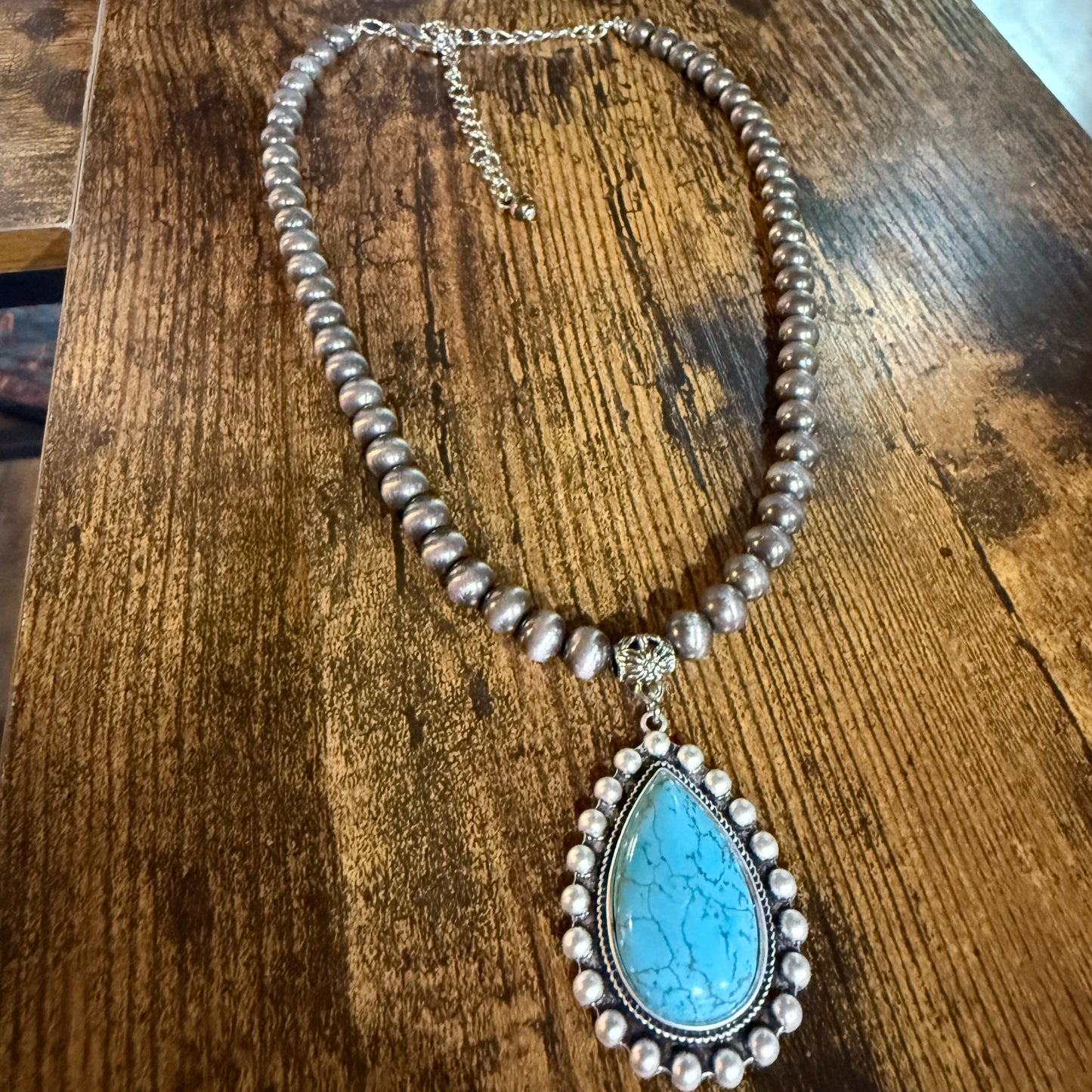 Handmade Western Turquoise Necklace 8mm Pearl Beads With 16 To 21 Inch Extender