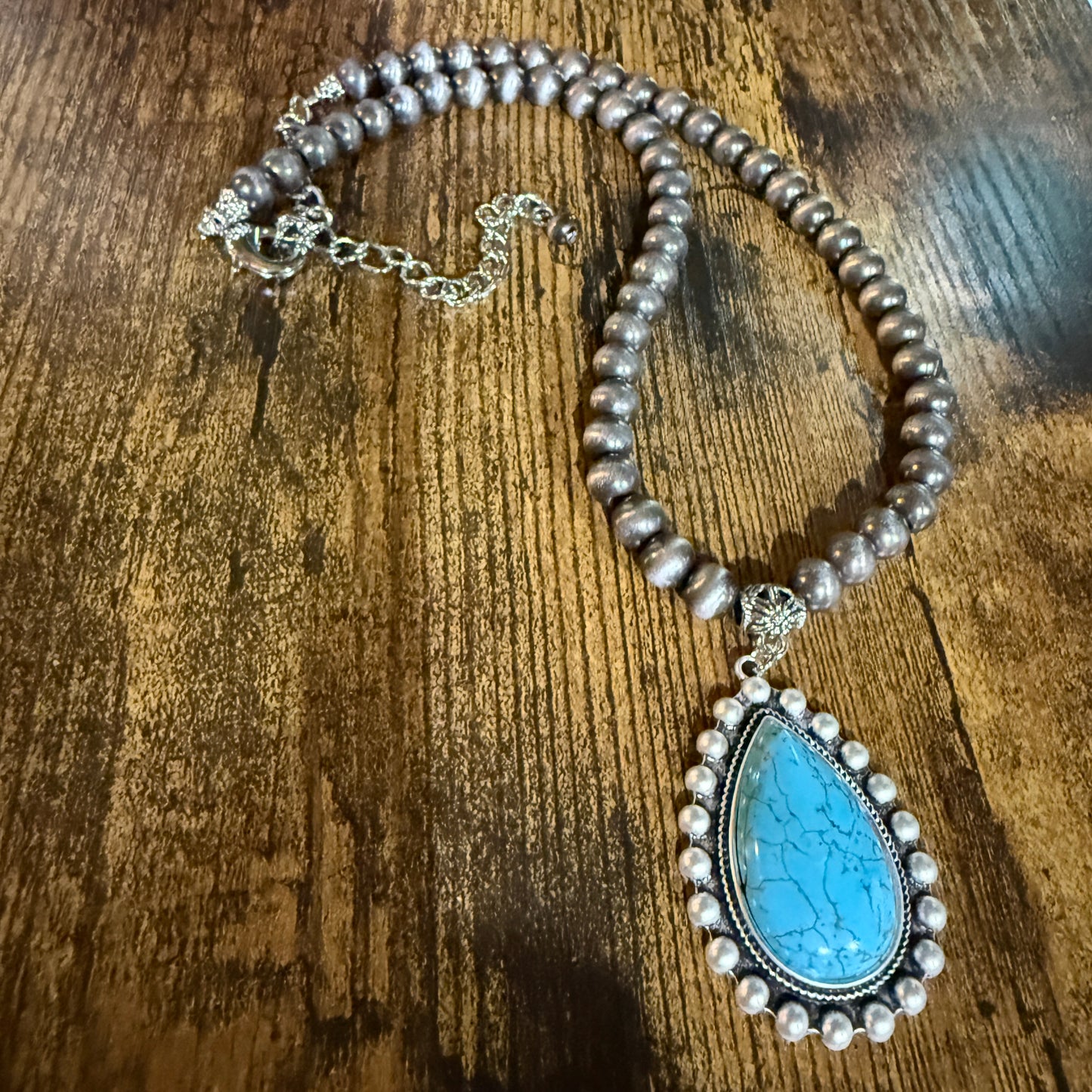 Handmade Western Turquoise Necklace 8mm Pearl Beads With 16 To 21 Inch Extender