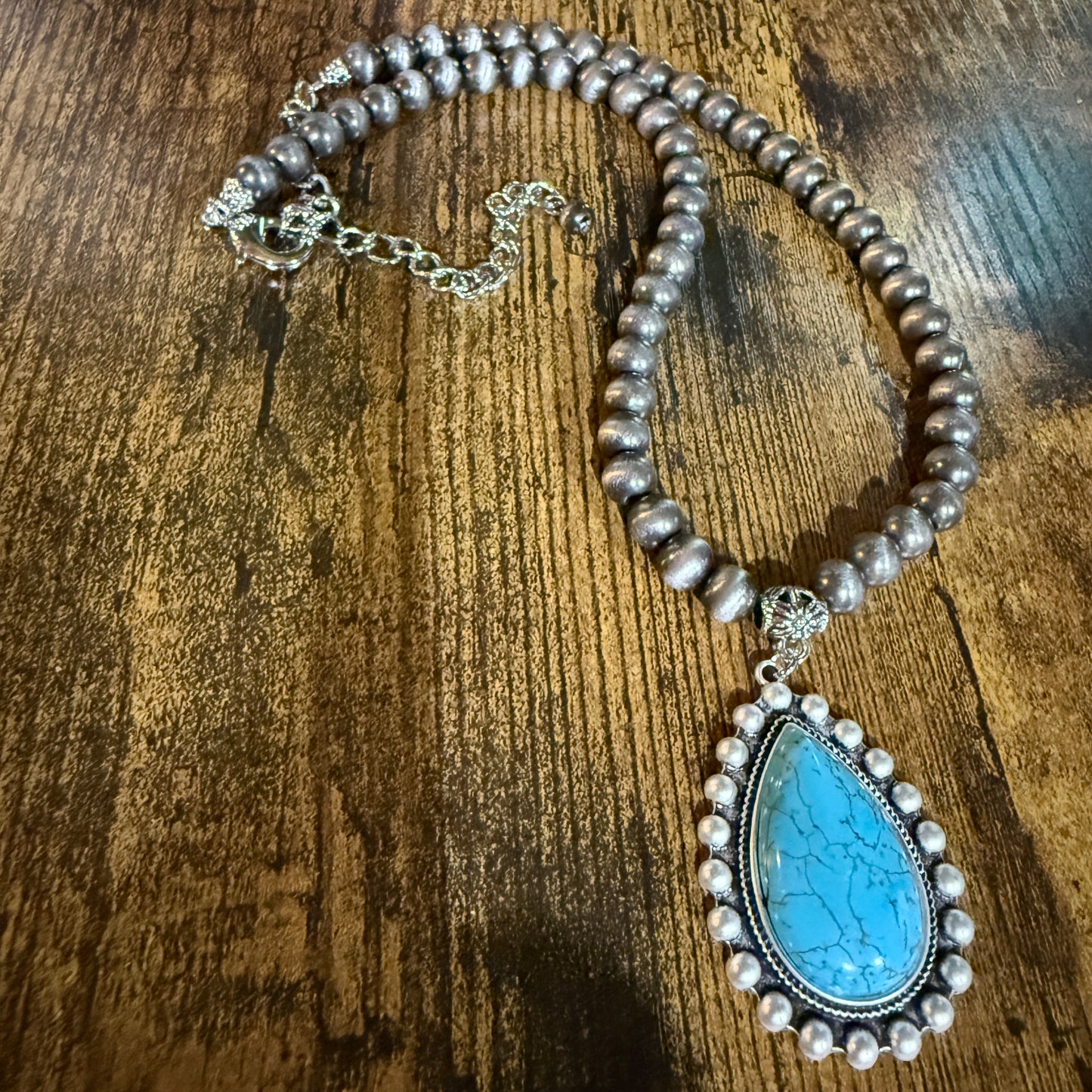 Handmade Western Turquoise Necklace 8mm Pearl Beads With 16 To 21 Inch Extender