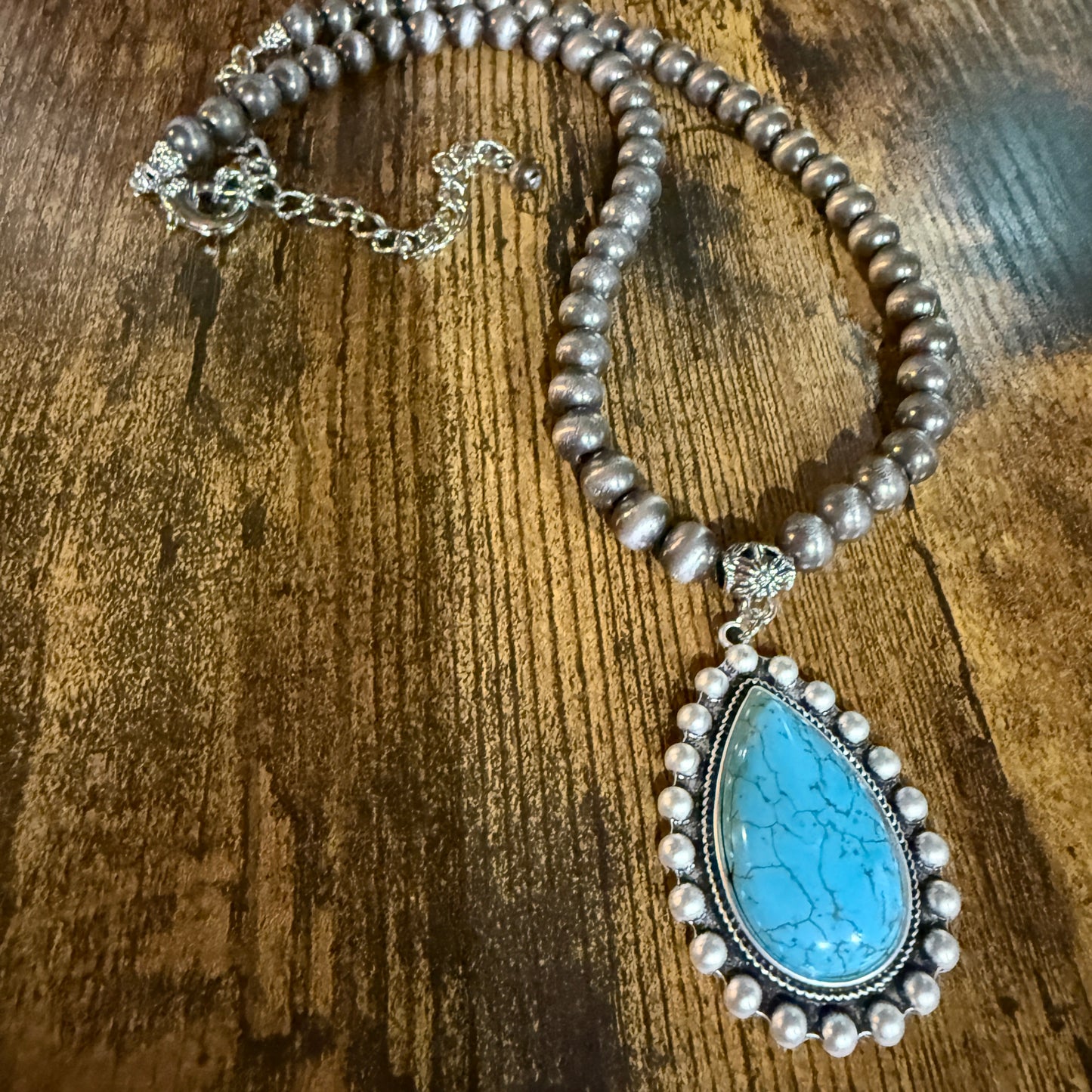 Handmade Western Turquoise Necklace 8mm Pearl Beads With 16 To 21 Inch Extender