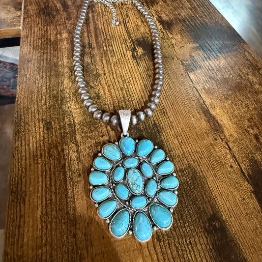 Navajo Style Turquoise 4 Inch Cluster Pendant Necklace With Pearl Beads 16 Inch Chain
