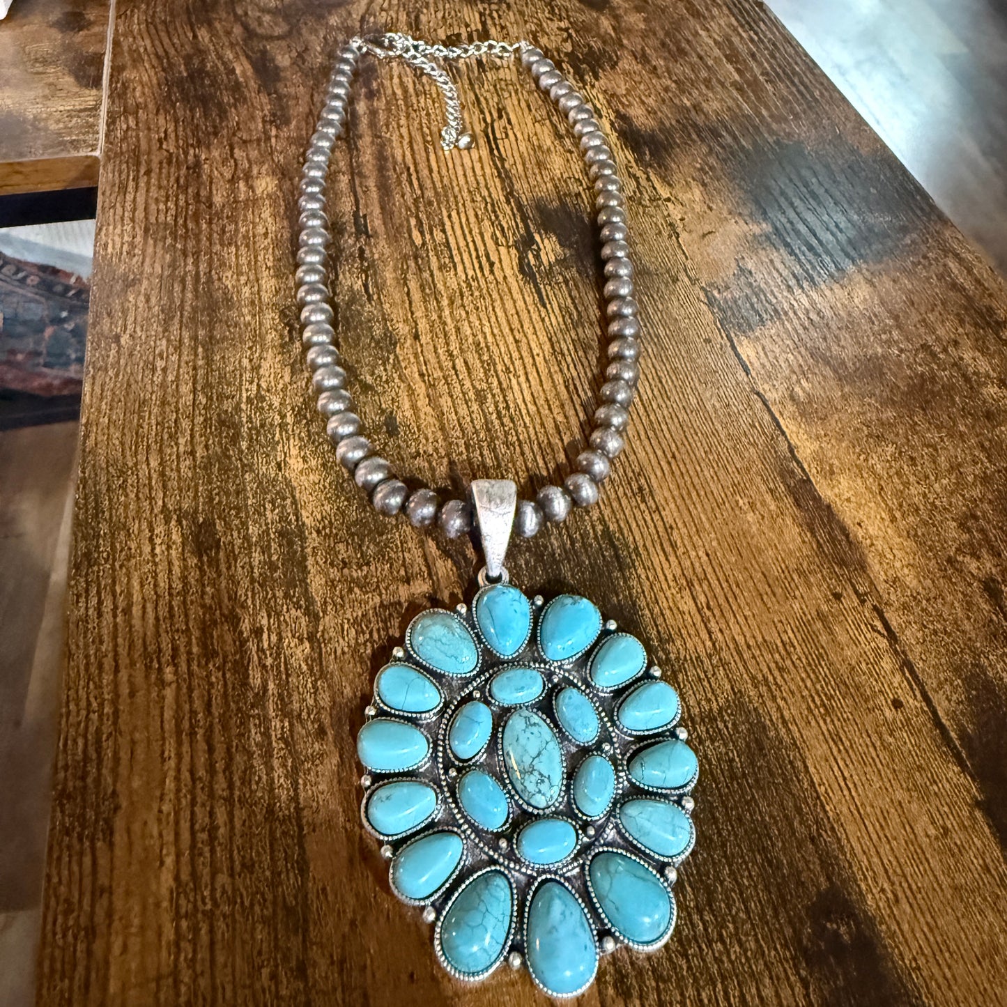 Navajo Style Turquoise 4 Inch Cluster Pendant Necklace With Pearl Beads 16 Inch Chain