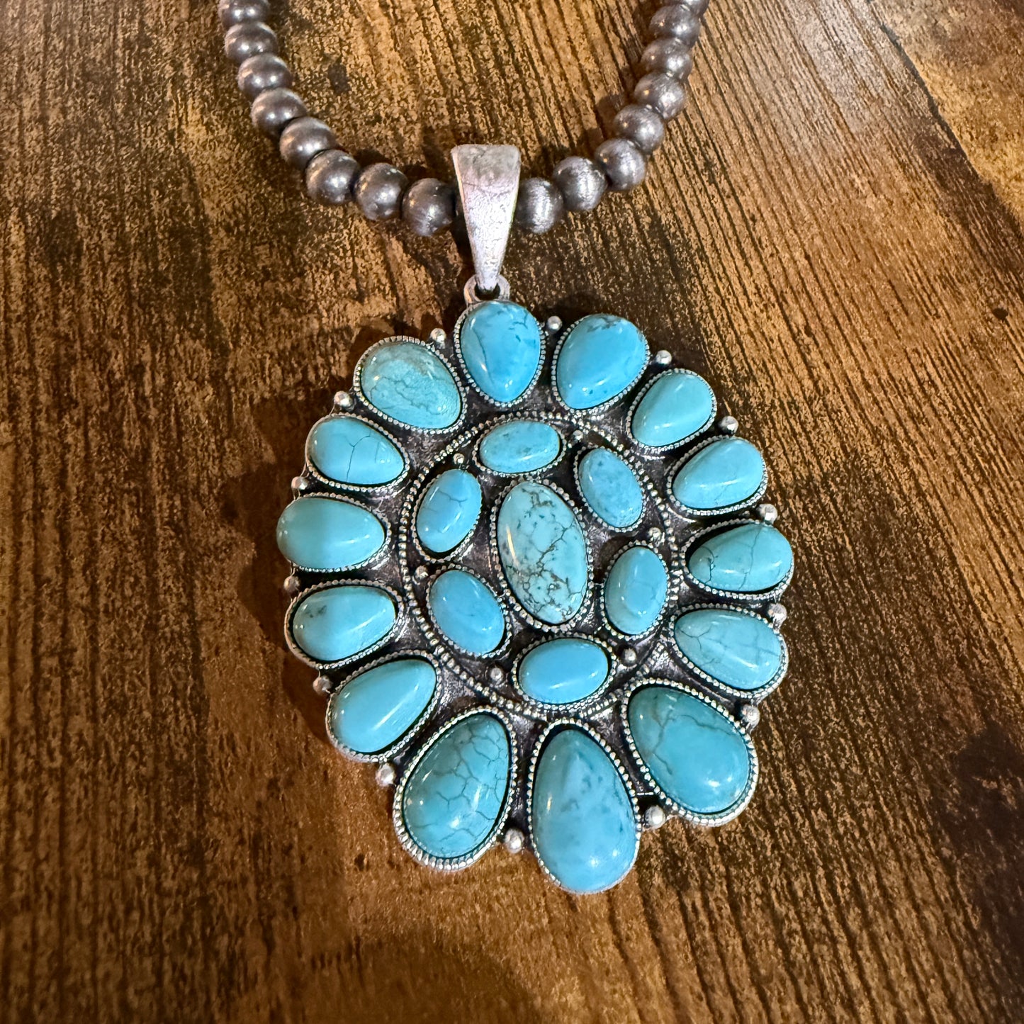Navajo Style Turquoise 4 Inch Cluster Pendant Necklace With Pearl Beads 16 Inch Chain