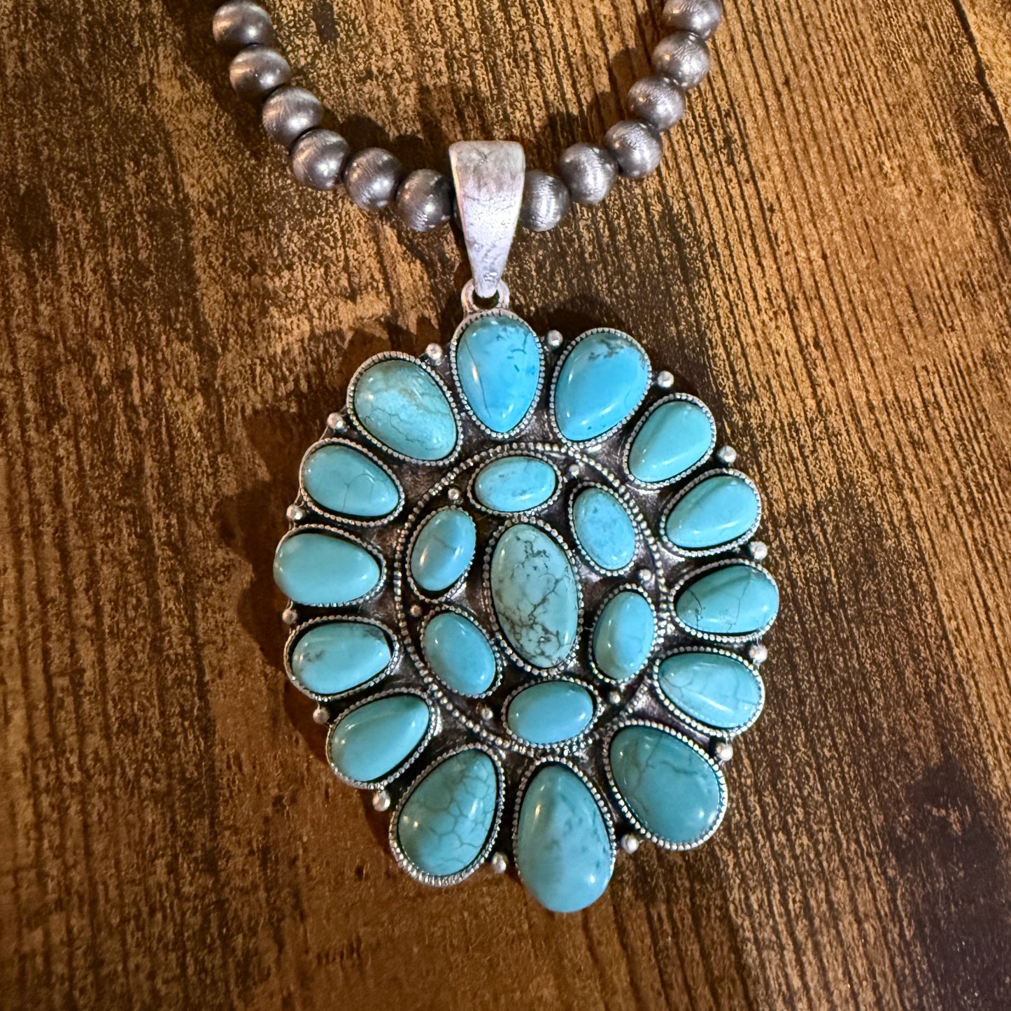 Navajo Style Turquoise 4 Inch Cluster Pendant Necklace With Pearl Beads 16 Inch Chain