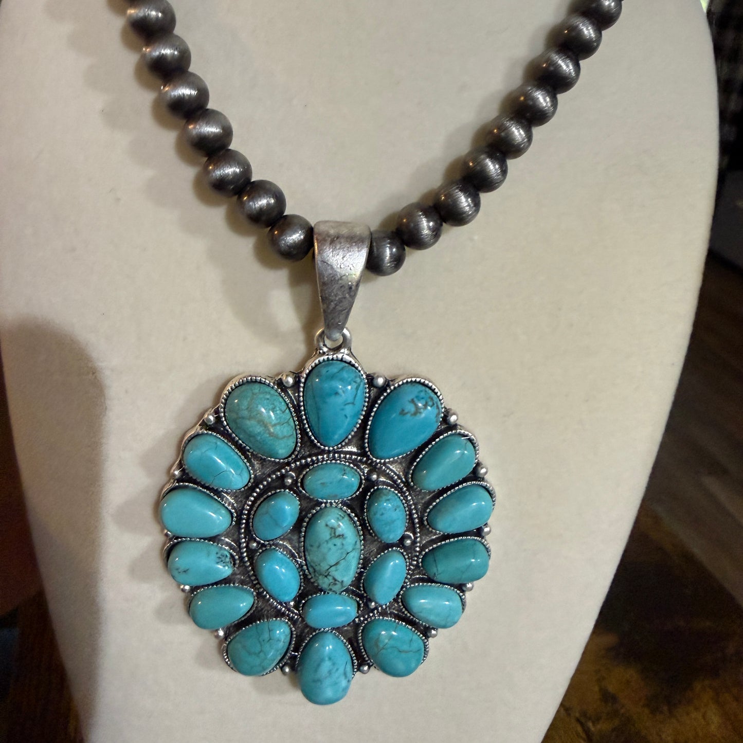 Navajo Style Turquoise 4 Inch Cluster Pendant Necklace With Pearl Beads 16 Inch Chain