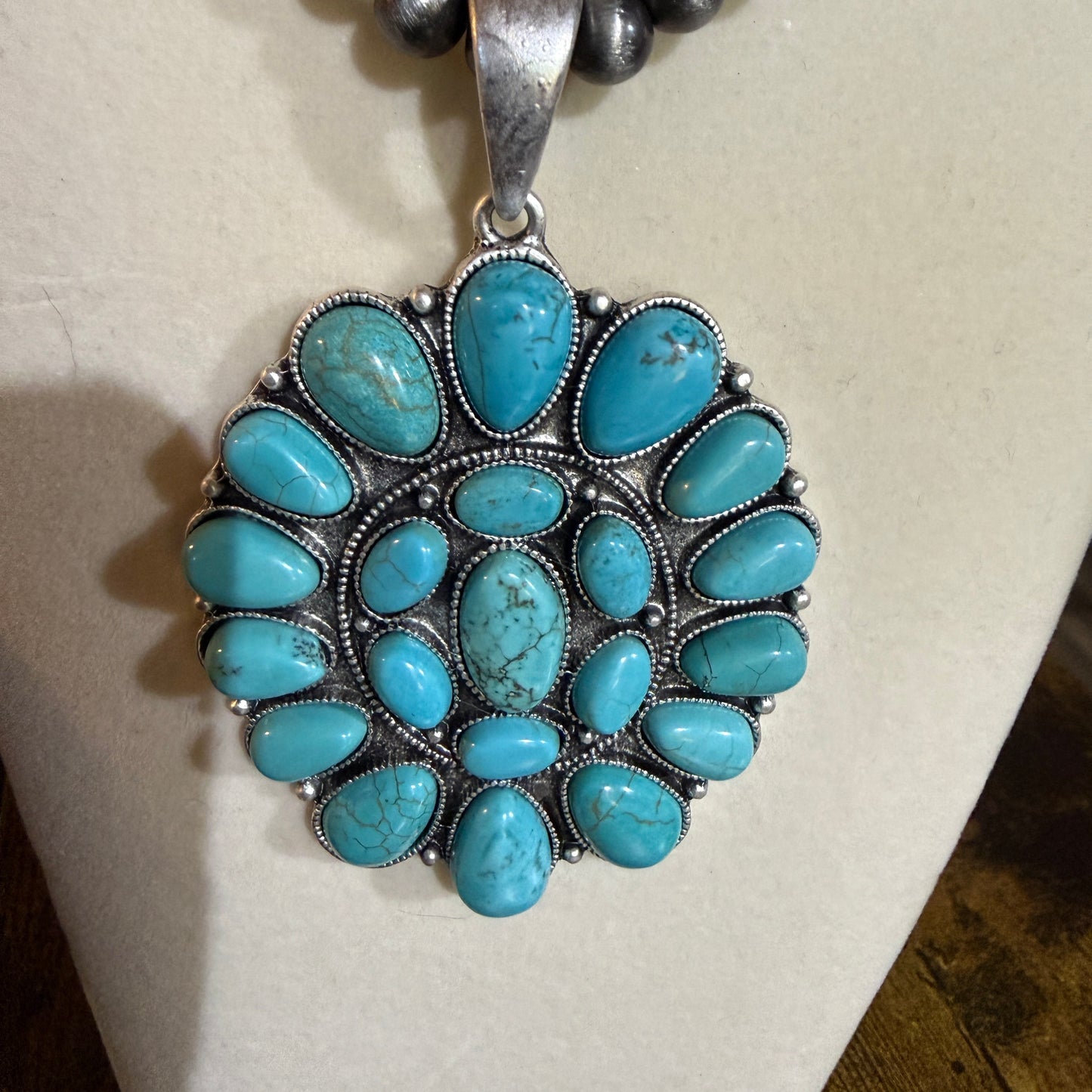 Navajo Style Turquoise 4 Inch Cluster Pendant Necklace With Pearl Beads 16 Inch Chain