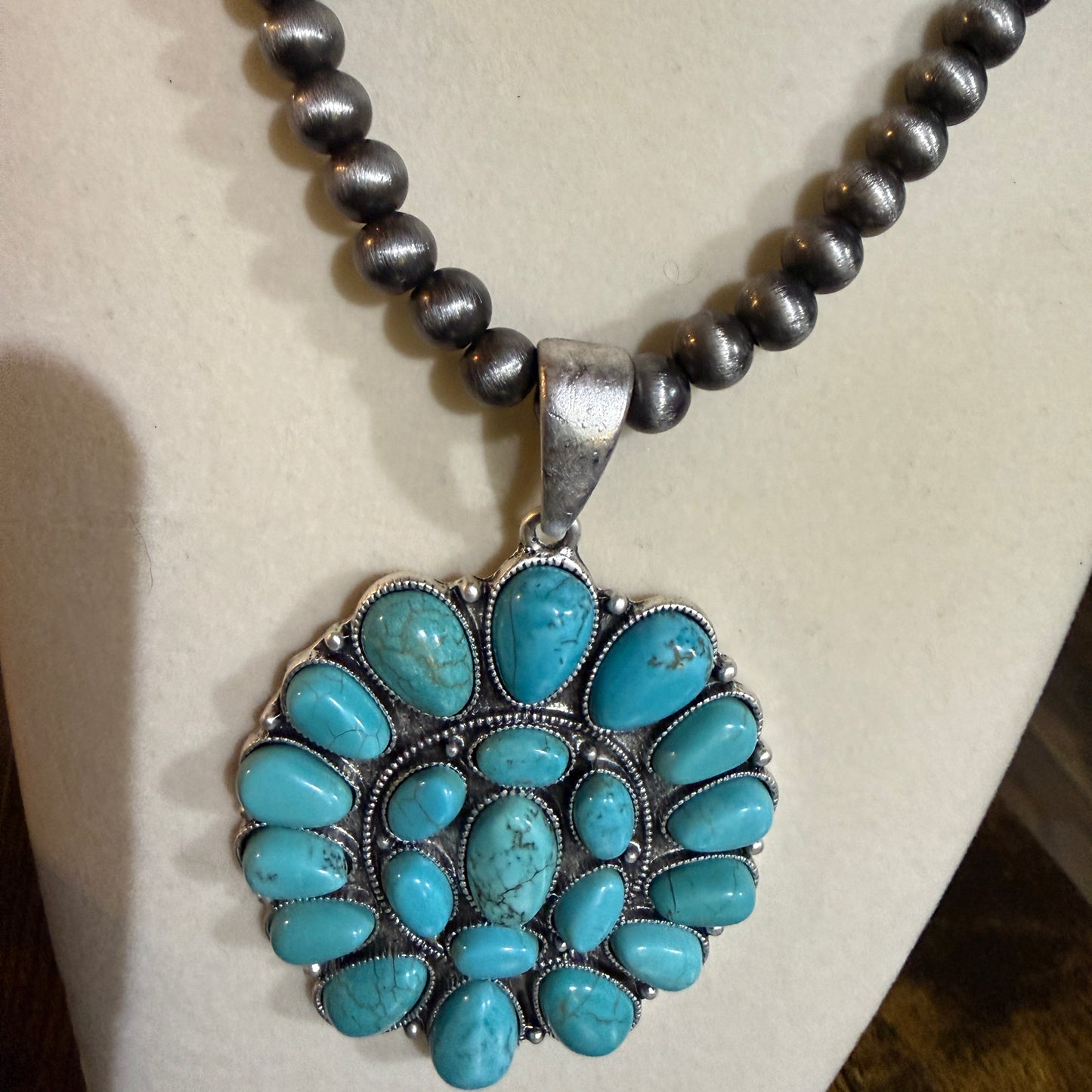 Navajo Style Turquoise 4 Inch Cluster Pendant Necklace With Pearl Beads 16 Inch Chain